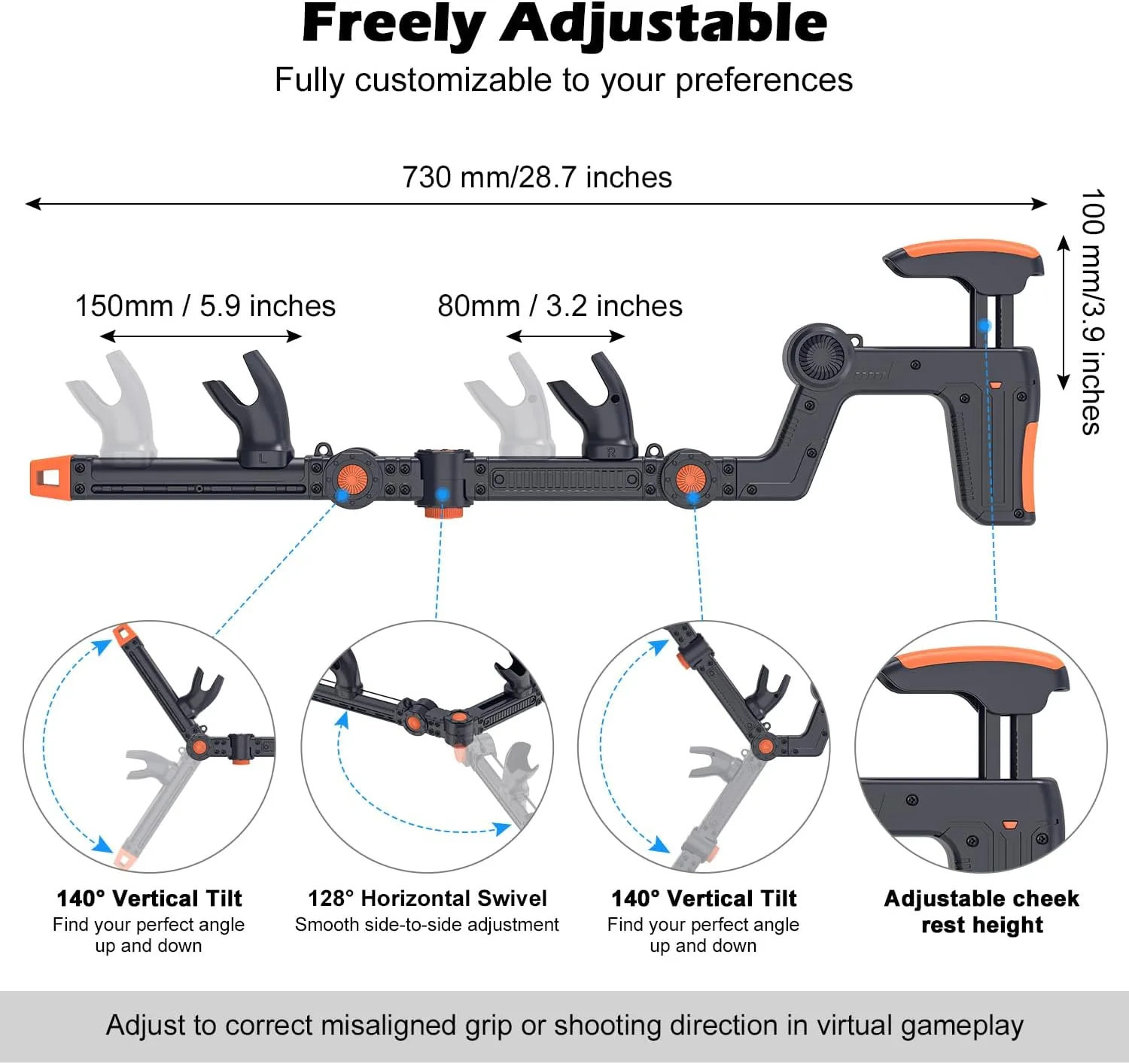 Rechale VR Gunstock Compatible with Meta Quest 2/3/3S/Pro, Shoulder Straps Adjustable FPS Gaming Controller Accessories Quick Magnetic Attachment Cheek Pad Immersive VR Stock Rifle Gameplay (Black)
