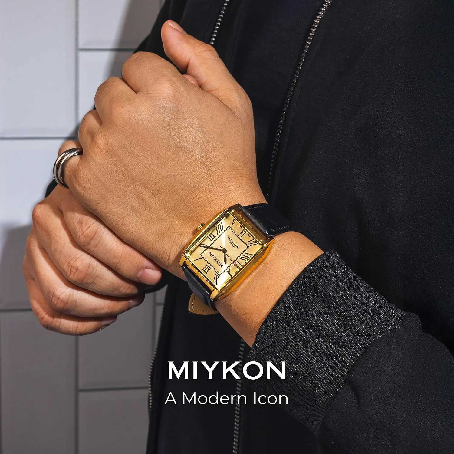 Miykon Men Vintage Tank Dress Watch, Genuine Leather Strap, Water Resistant
