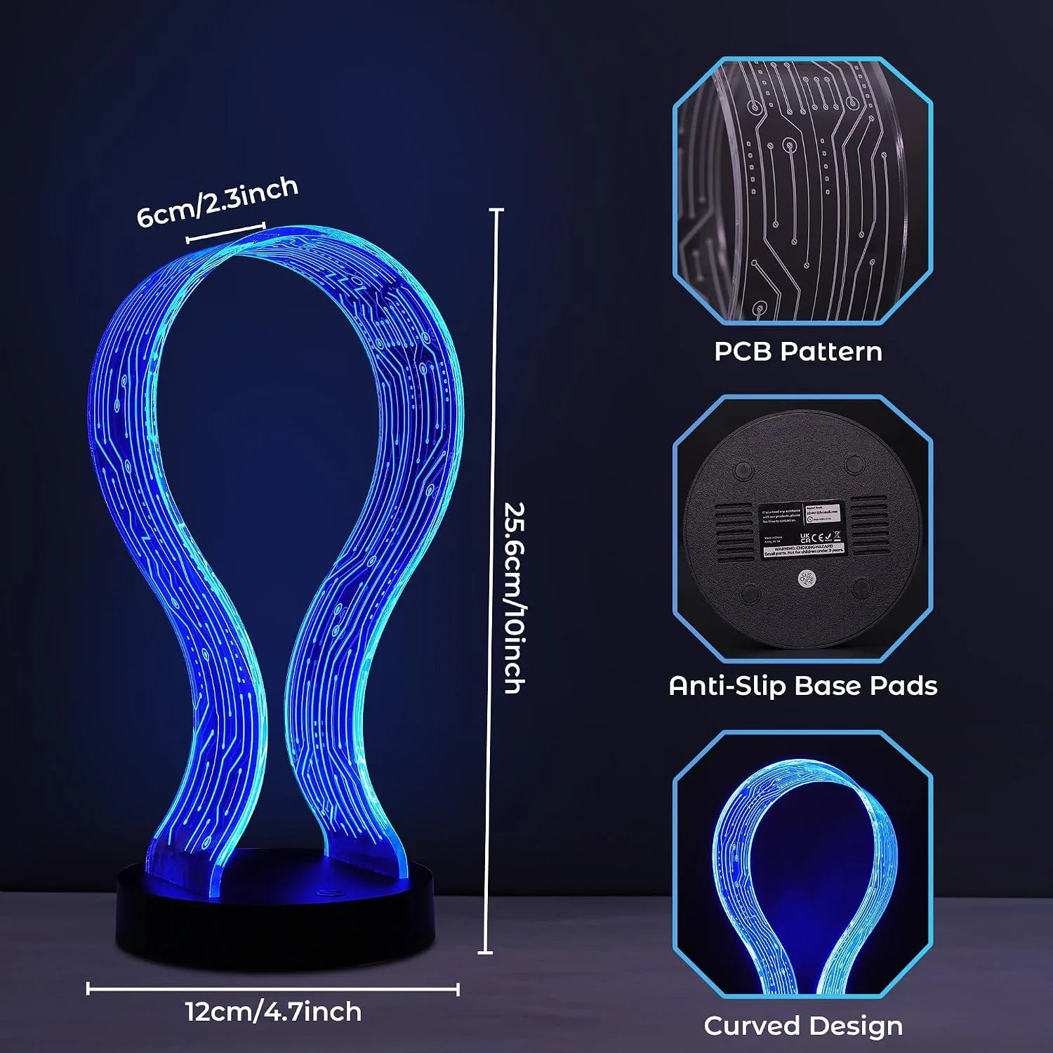Lampeez Light Up Headphone Stand, Acrylic Desk Accessory Headset Holder with PCB Pattern and 16 Color LED Lights, 1 USB and 1 Type-C Charging Ports, for Gamers Music Lovers Boys Men