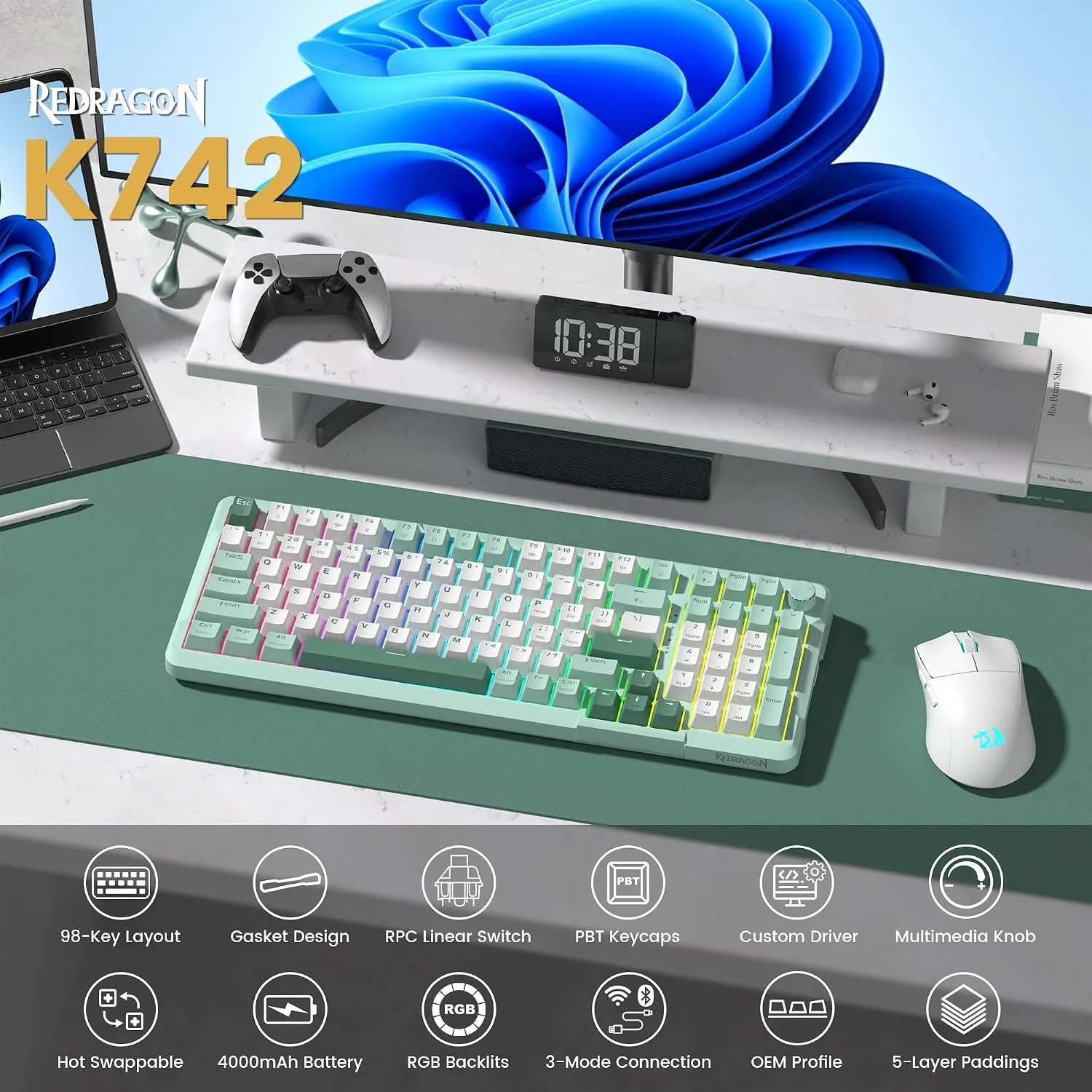 Redragon K742 Bluetooth Wireless Mechanical Gaming Keyboard with Knob