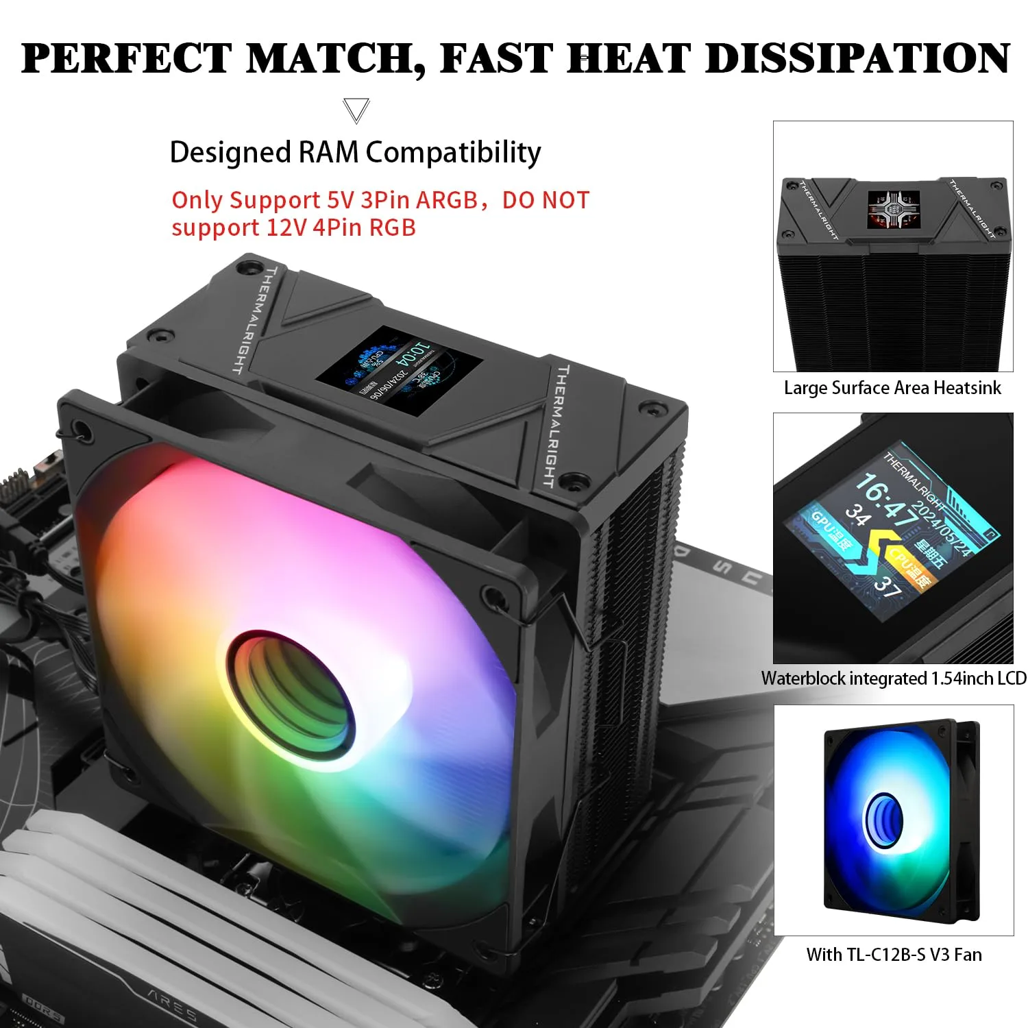 Thermalrlght Assassin Spirit 120 Vision ARGB Black CPU Air Cooler, PC Cooling with 1500RPM Speed,240*240 Resolving Power IPS LCD Screen with 1.54in,Computer Cooler for Intel lga1851/1700/115X,AM4/AM5