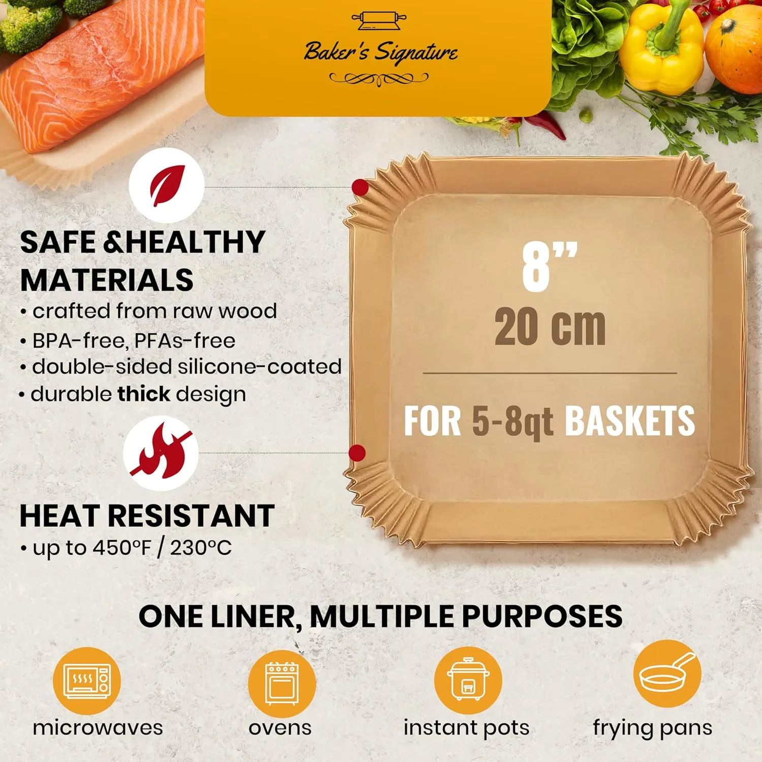 Baker's Signature Air Fryer Liners Disposable 600 Pcs, 8" Square Non-Stick Parchment Sheets