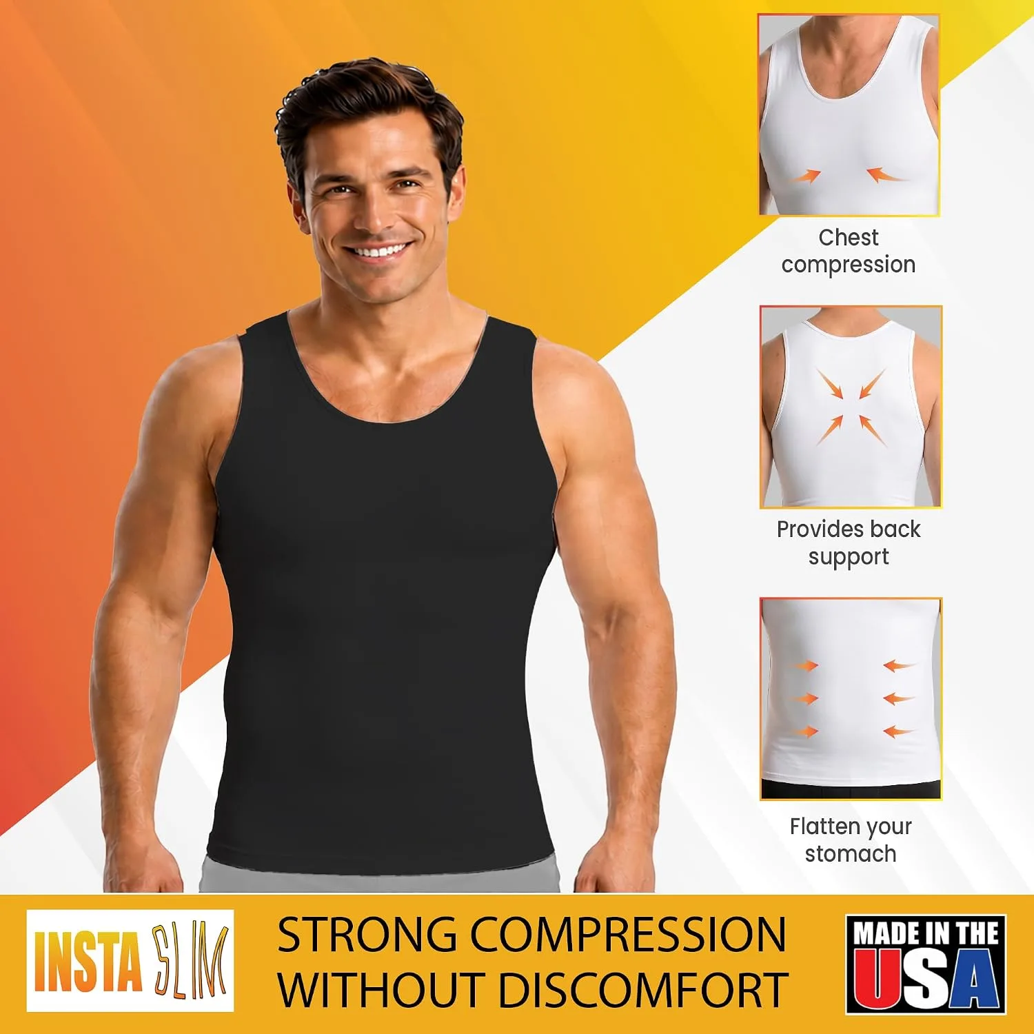 Insta Slim - Made in USA 3 Pack Compression Muscle Tank Body Shapers for Men. Back Support, Slimming Shapewear Undershirt