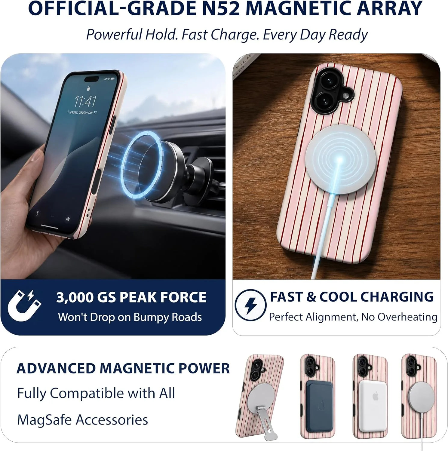 Magnetic for iPhone 16 Phone Case, Cute Pink and White Striped