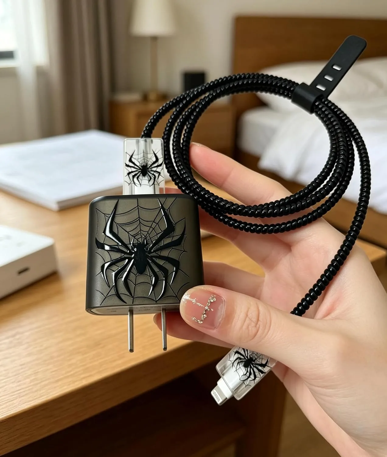 Compatible with iPhone 18W/20W USB-C Charger Protector Cover, 3D Cute Cartoon Charger Case for Apple iPhone 20W USB-C Power Adapter and Lightning Cable Protective Wire Saver (Black Spider)
