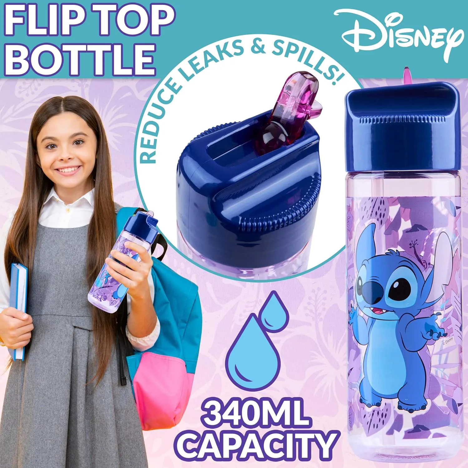 Disney Stitch Kids Lunch Box with Compartments and Water Bottle for School (Blue/Purple)
