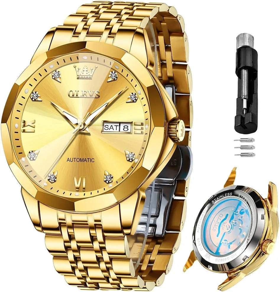 OLEVS Skeleton Men Watches Automatic Business Luxury Diamond Self Winding Watch for Men Stainless Steel Calendar Wrist Watch