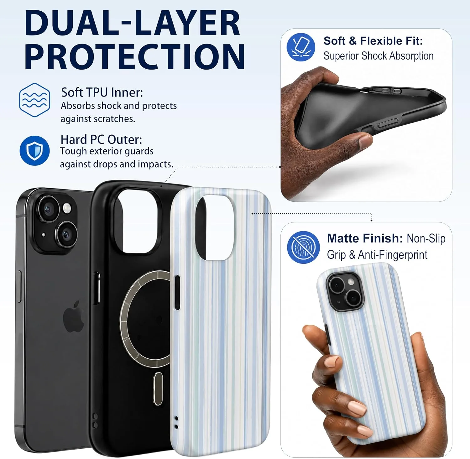 Magnetic for iPhone 15 Phone Case, Cute Trendy Pastel Blue Striped