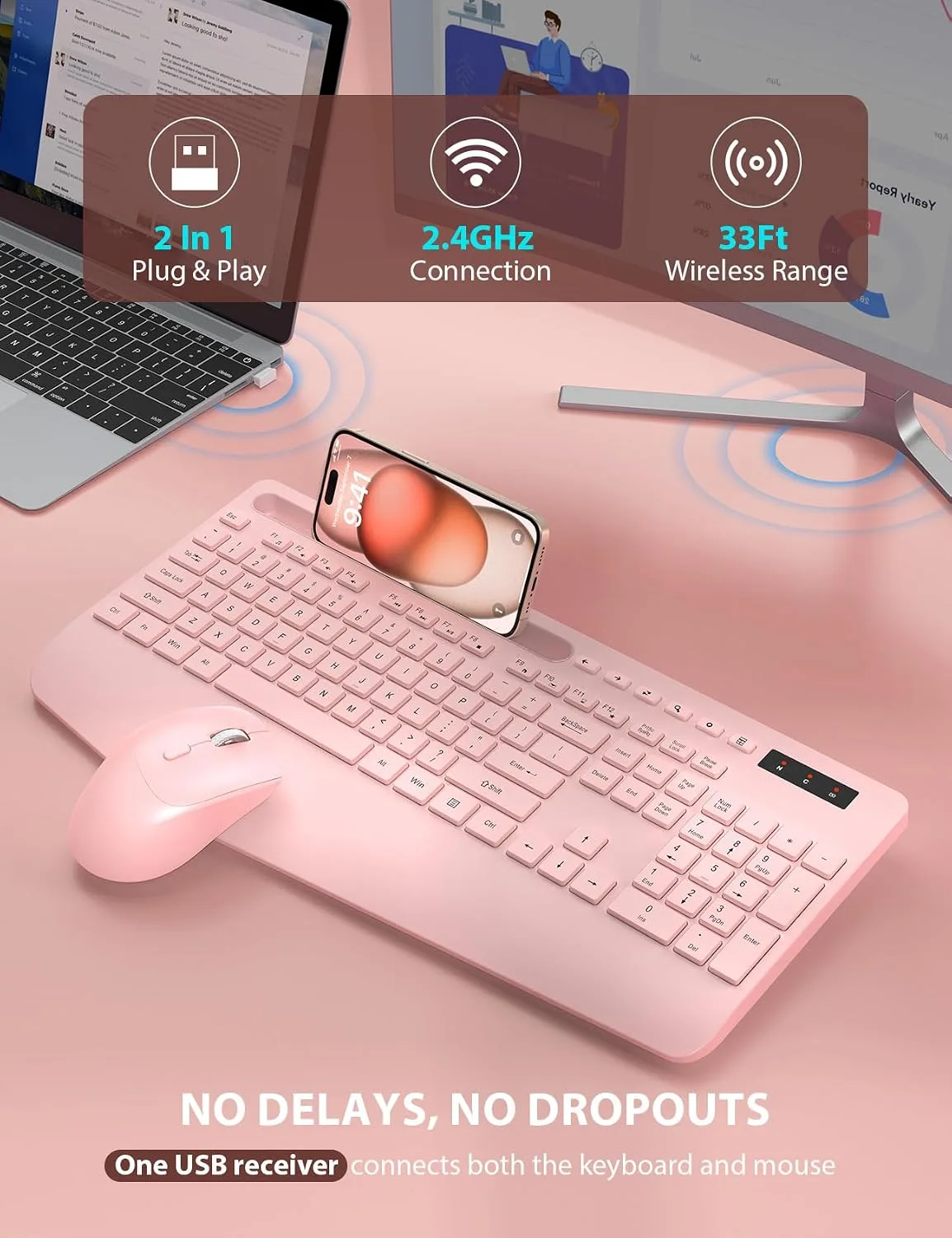 Wireless Keyboard and Mouse Combo - Full-Sized Ergonomic Keyboard with Wrist Rest, Phone Holder, Sleep Mode, Silent 2.4GHz Cordless Keyboard Mouse Combo for Computer, PC, Laptop, Mac, Windows -Trueque