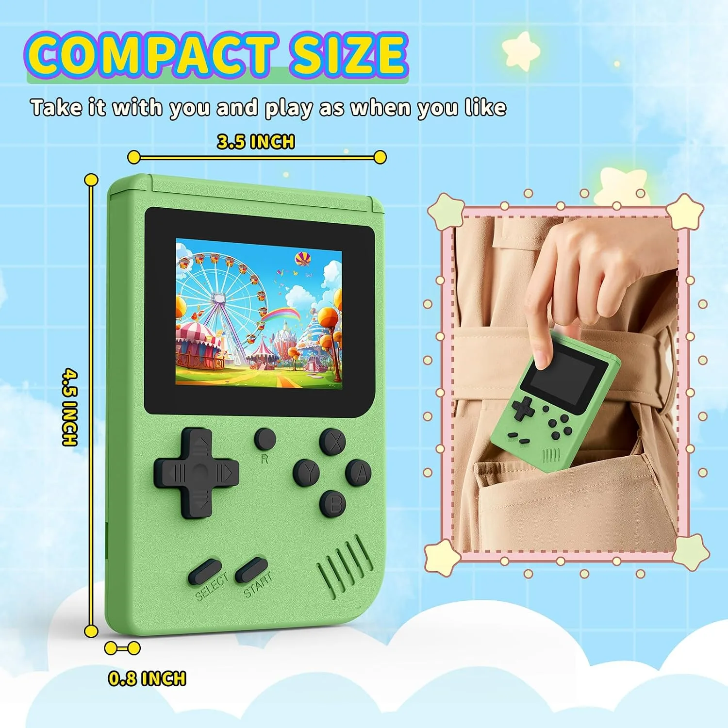 Retro Handheld Game Console, Built-in 400 Classic Video Game Consoles, 3.0 Inch Screen Portable Mini Travel Handheld Gaming Console for Kids, Ideal Gifts, Green