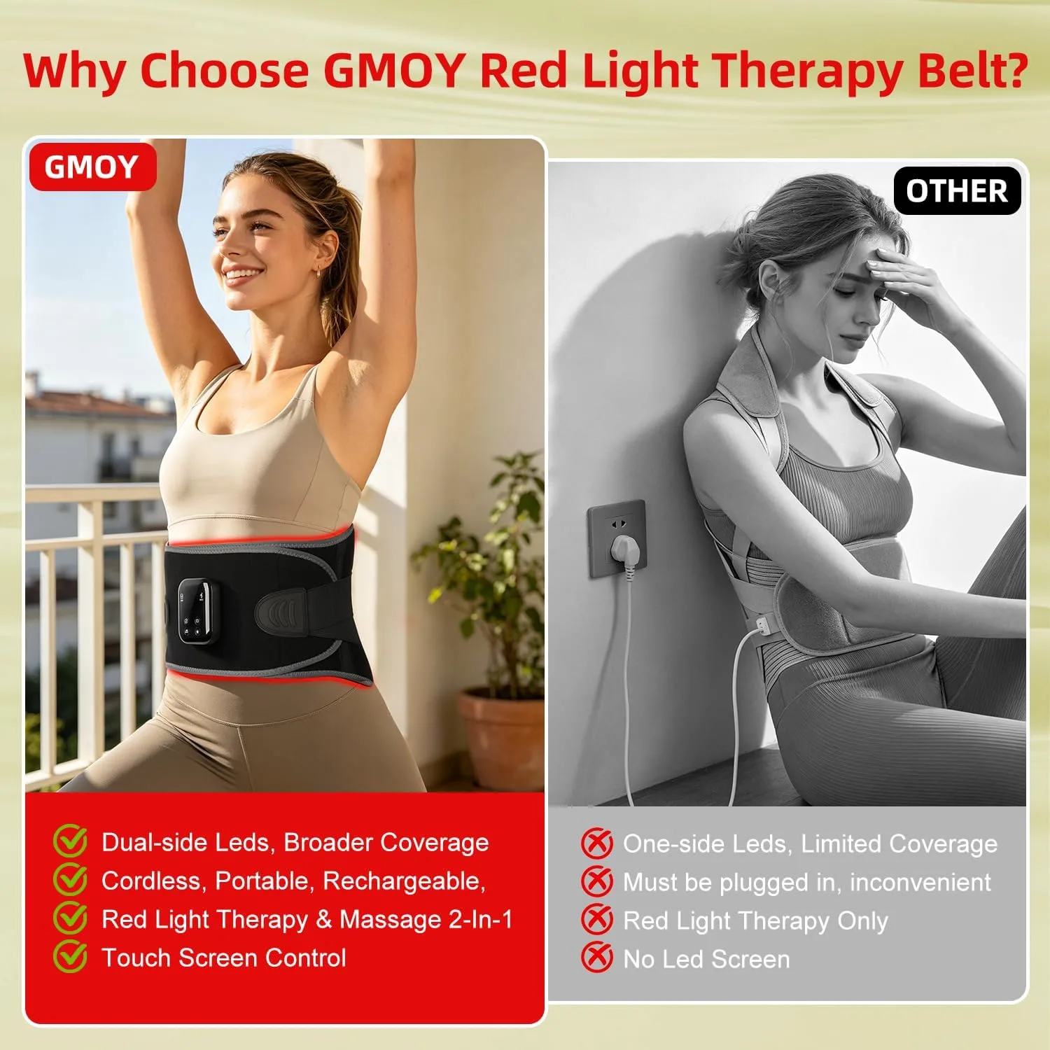 Red Light Therapy Belt for Body, Cordless Warmth & Massage, 660nm & 850nm