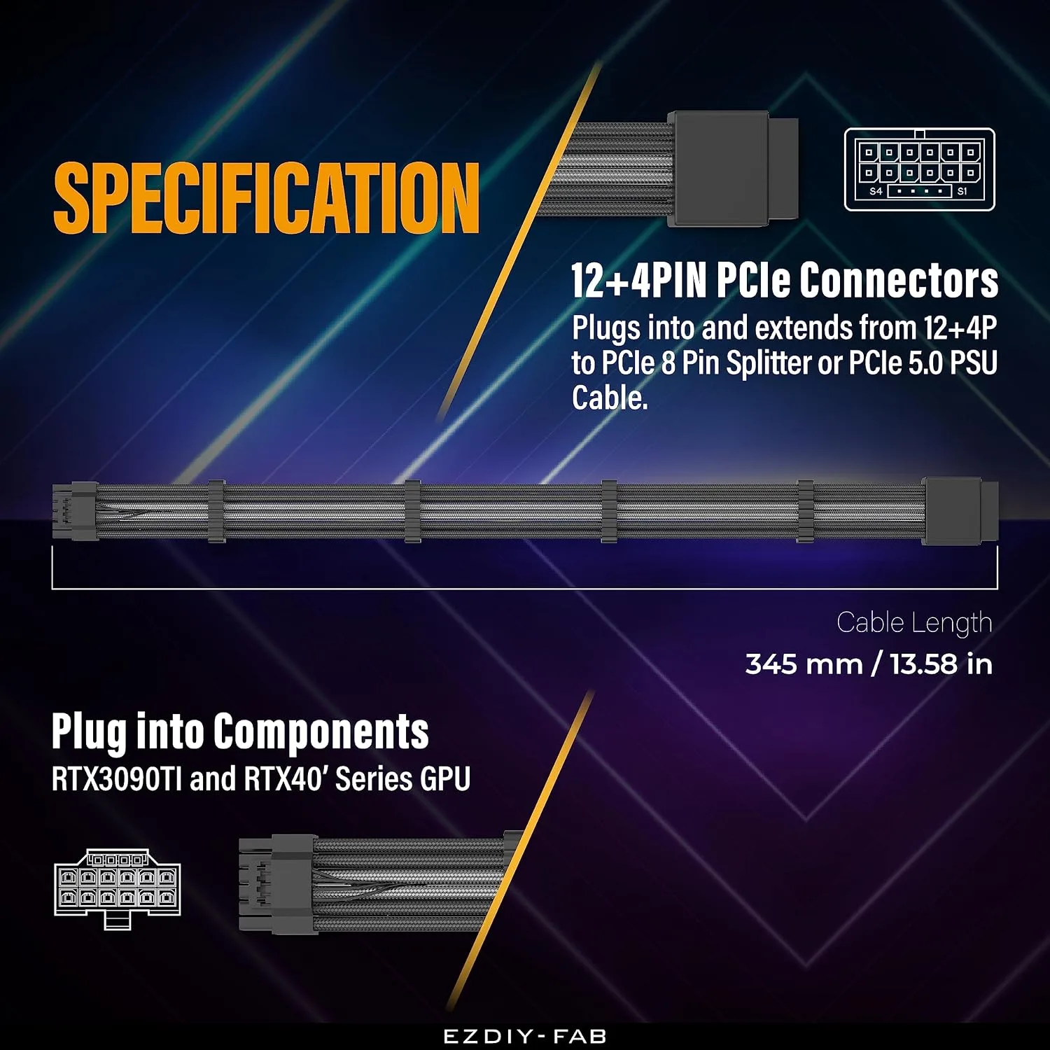 EZDIY-FAB 16pin (12+4) 12VHPWR PCIe 5.0 GPU Power Sleeved Cable Extension, Male to Female, Compatible with RTX 5080, 5070, 4090, 4080, 4070,16AWG with Cable Combs-Black Grey