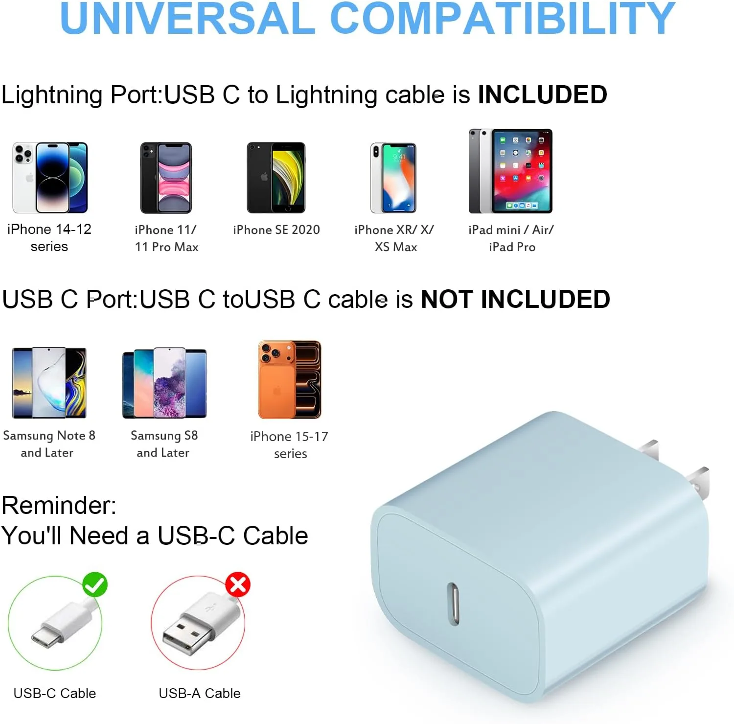 iPhone Fast Charger 3+3Pack 20W USB C Wall Charger with Extra Long 10FT Fast Charging Cable Compatible with iPhone 14/13/12/11/Pro/Pro Max-Blue