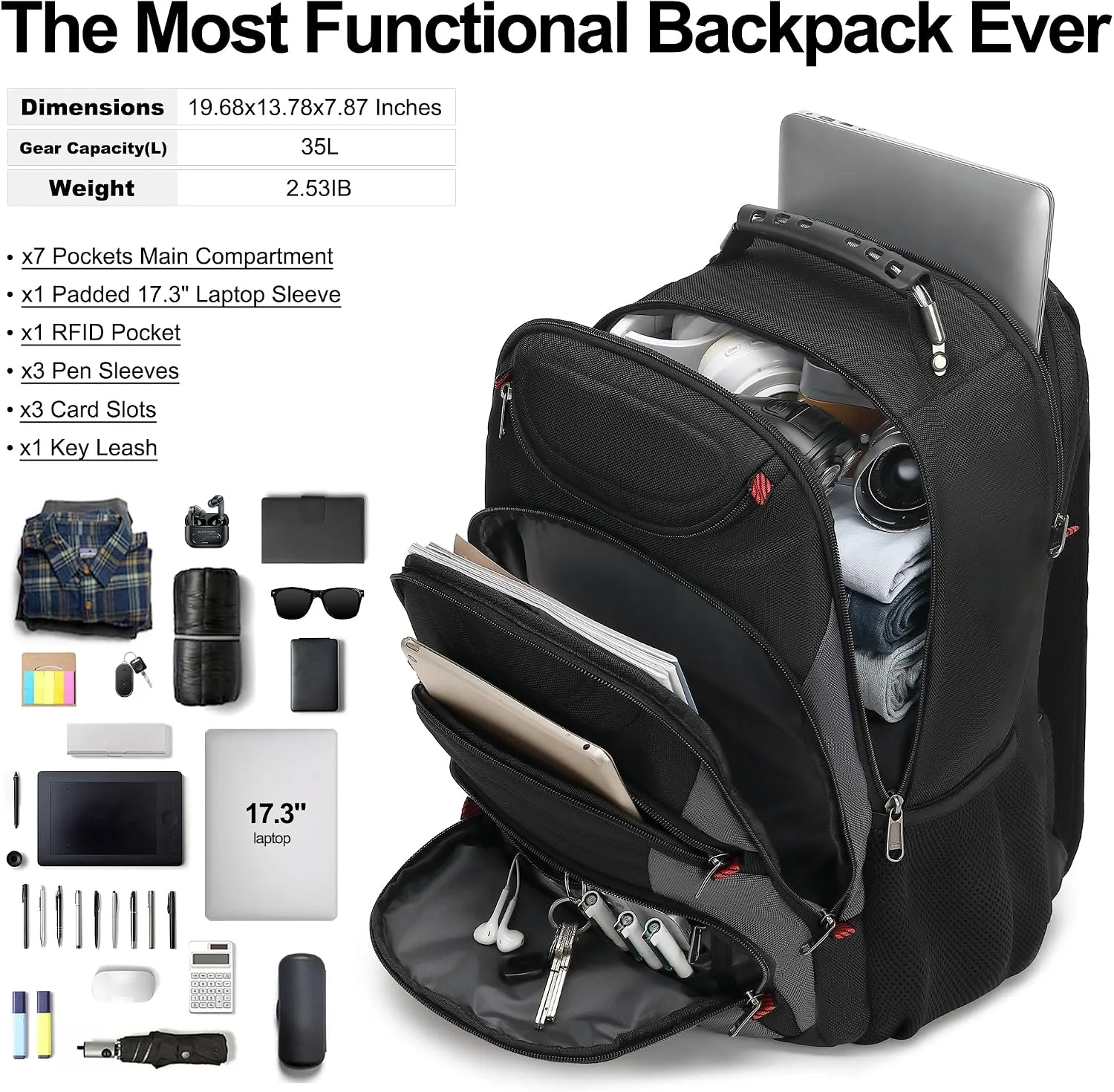 Boavan Laptop Backpack for men, 17.3 inch Laptop Bag with USB Port, Waterproof Travel Work Backpack Purse, Anti-Theft Teacher Nurse Doctor Casual Bookbags Office Business backpack，Black&Dark Grey