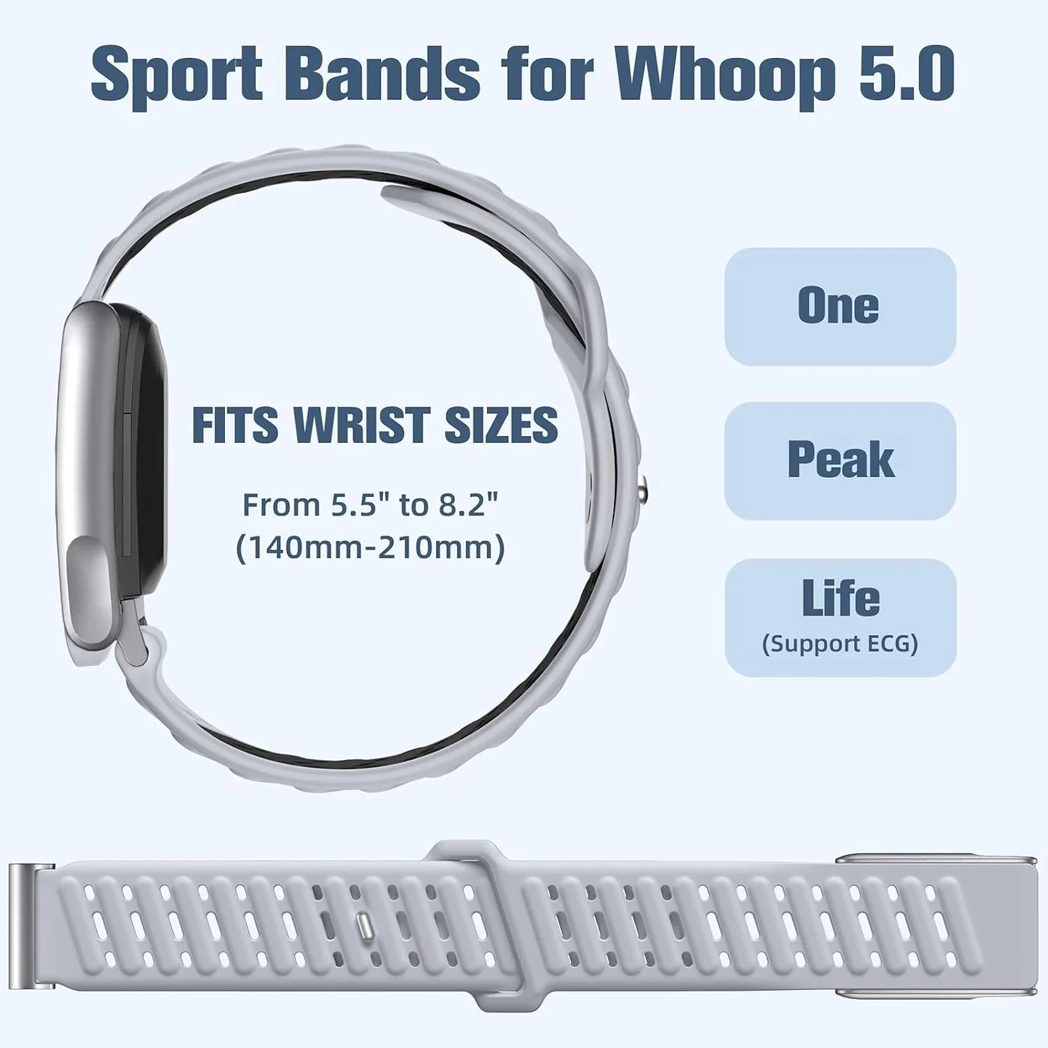 Getino Sport Bands Compatible with Whoop 5.0 Band One, Peak, MG Life, Waterproof Adjustable Soft Silicone Replacement Accessories Strap for Whoop Band 5.0 Women Men, Breathable Grayblack