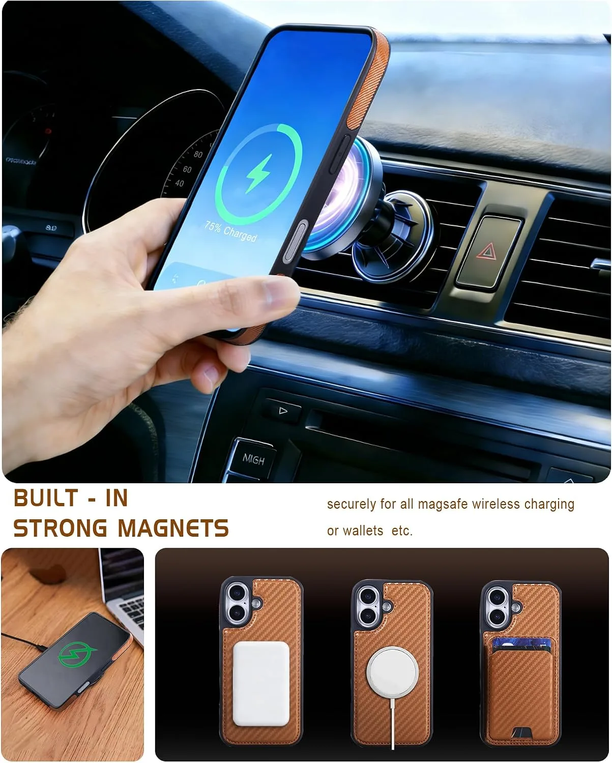 Magnetic Detachable Wallet Case for iPhone 16 with Kickstand,2-in-1 MagSafe Compatible RFID Blocking Card Holder,Slim PU Leather Cover Carbon Coffee