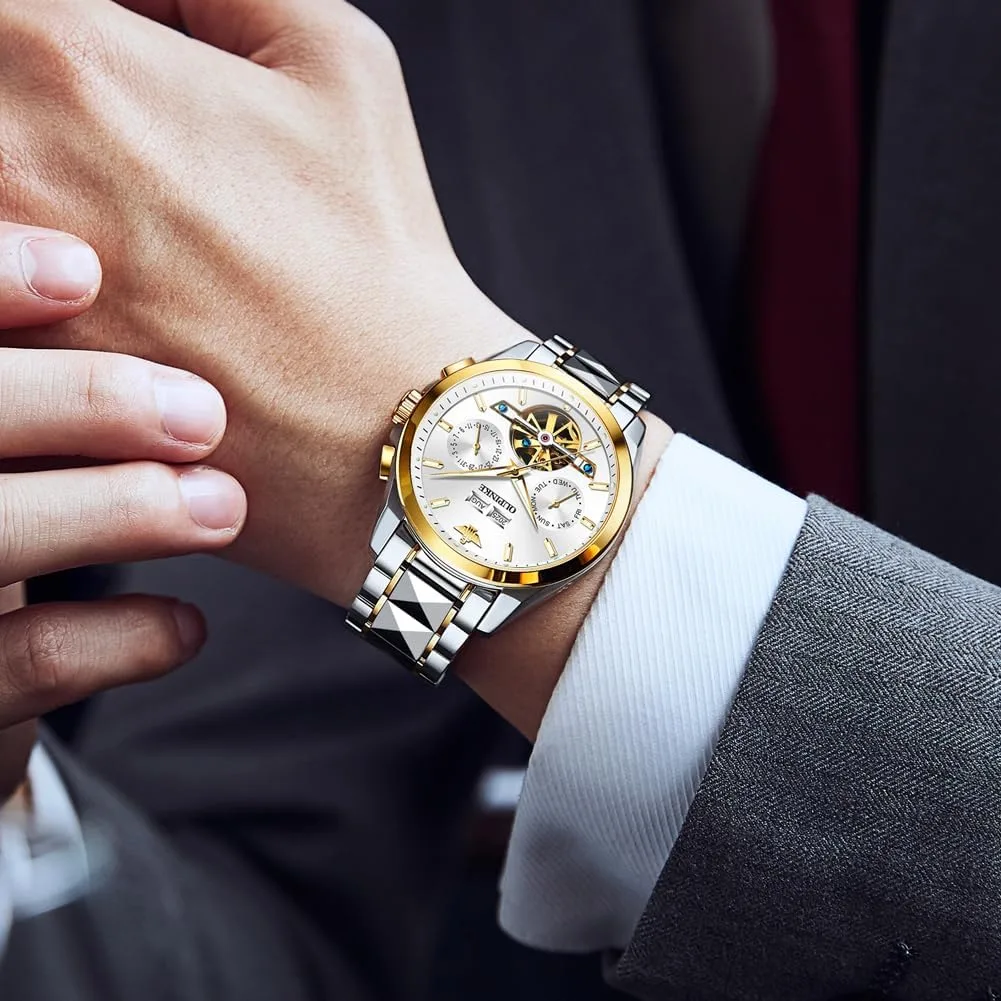 OLEVS Skeleton Men Watches Automatic Business Luxury Diamond Self Winding Watch for Men Stainless Steel Calendar Wrist Watch