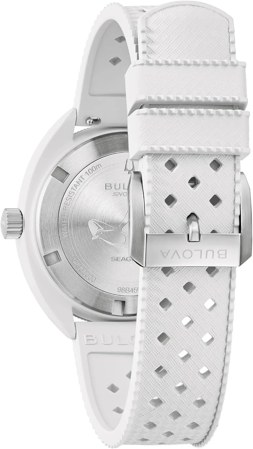 Bulova Oceanographer Snorkel Amazon Exclusive Ceramic Case and White Perforated Rubber Strap Watch, Day Date 100M WR