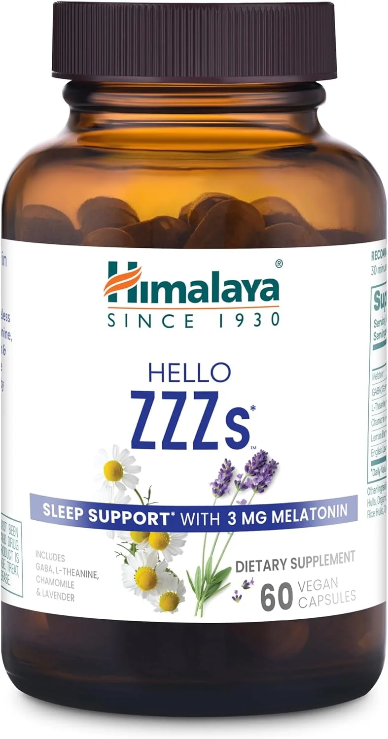 Himalaya Hello ZZZs, 60 Day Supply - Herbal Sleep Supplement with Melatonin, GABA, L-Theanine, Lavender, Chamomile and Lemon Balm - Vegan, Non-GMO, Gluten Free, 60 Capsules