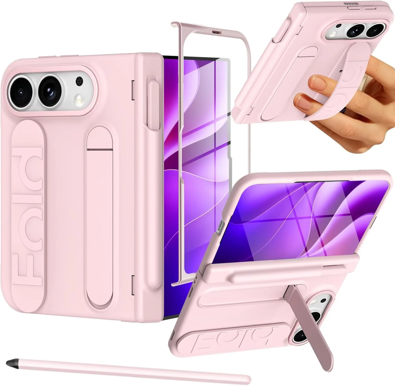 NINKI Wristband for iPhone Duo Phone Case with S Pen Holder & Stylus, Kickstand with Finger Loop, Hard Hinge Protector + Screen Protective Grip Cover for iPhone Duo 2026 Case Cute Womens Girly Pink