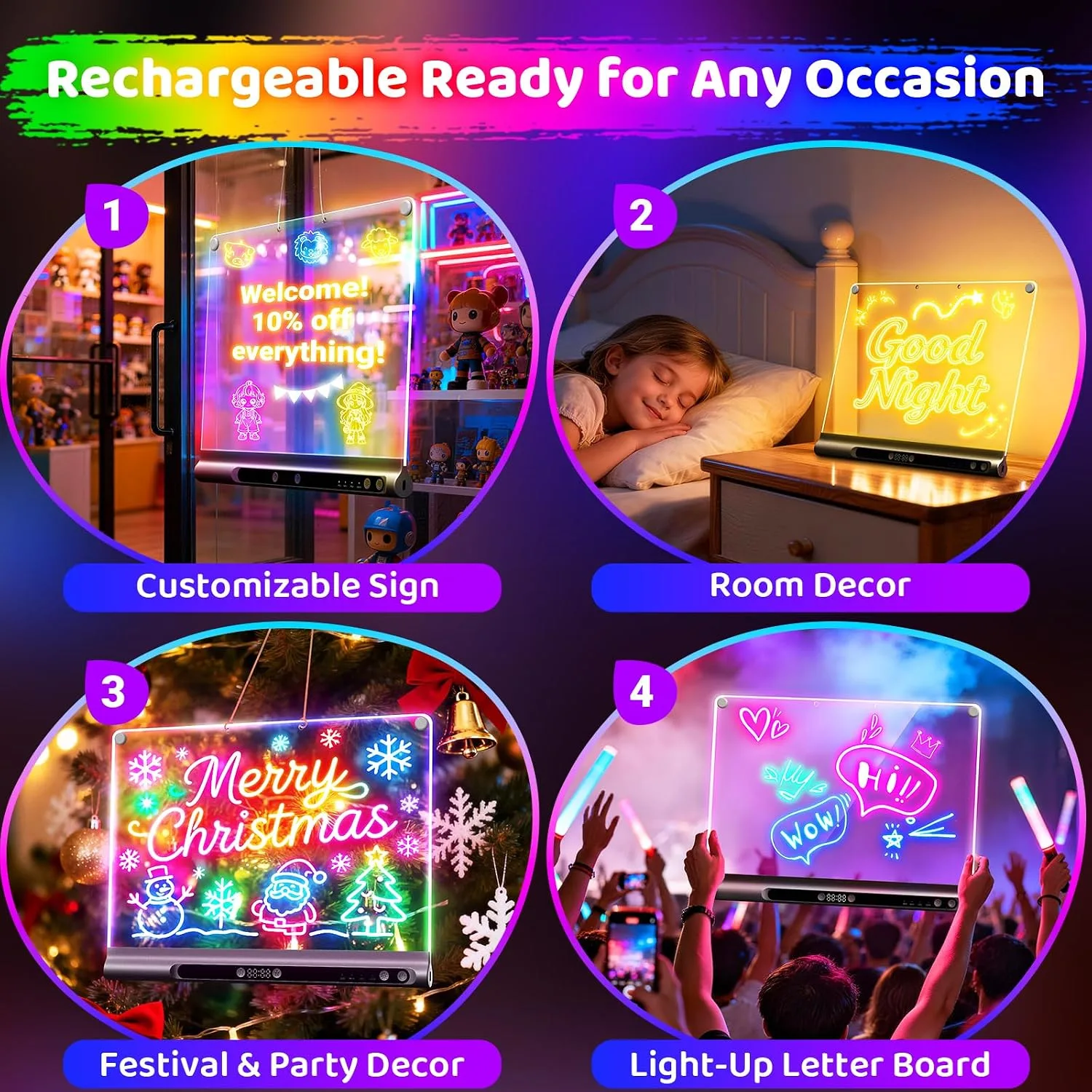 Geokay 16“ Rechargeable LED Drawing Board, 9-Color Light Modes with Timer & Built-in Stand, Neon Glow Up Dry Erase Doodle Note Pad, Sketching Gift Toy for Kids/Girls/Teens, 6 Markers & Tracing Book