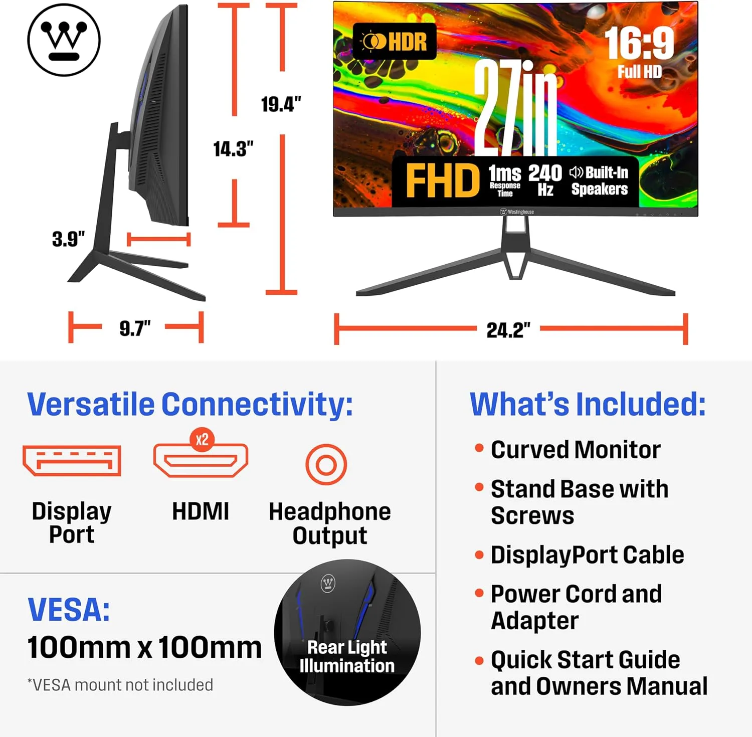 Westinghouse 27 Inch Curved Gaming Monitor, 240Hz, 1ms, 1500R, FHD 1080P, 4000:1 Contrast Ratio, 118% sRGB, AMD FreeSync, Eyecare, for PC Games with Built-in Speakers, DisplayPort, HDMI-Black