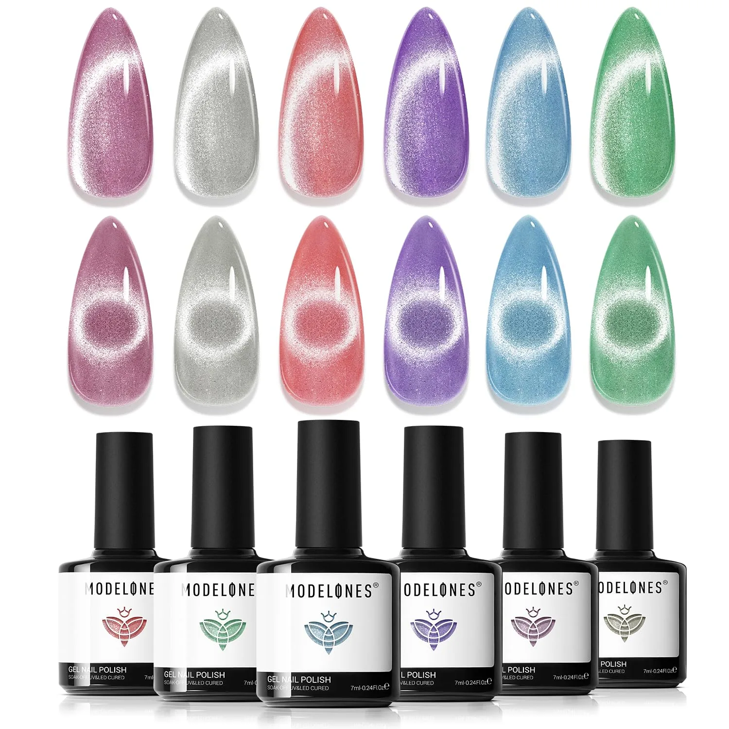 Esmalte de uñas en gel Modelones Cat Eye 6 colores glitter rojo azul verde