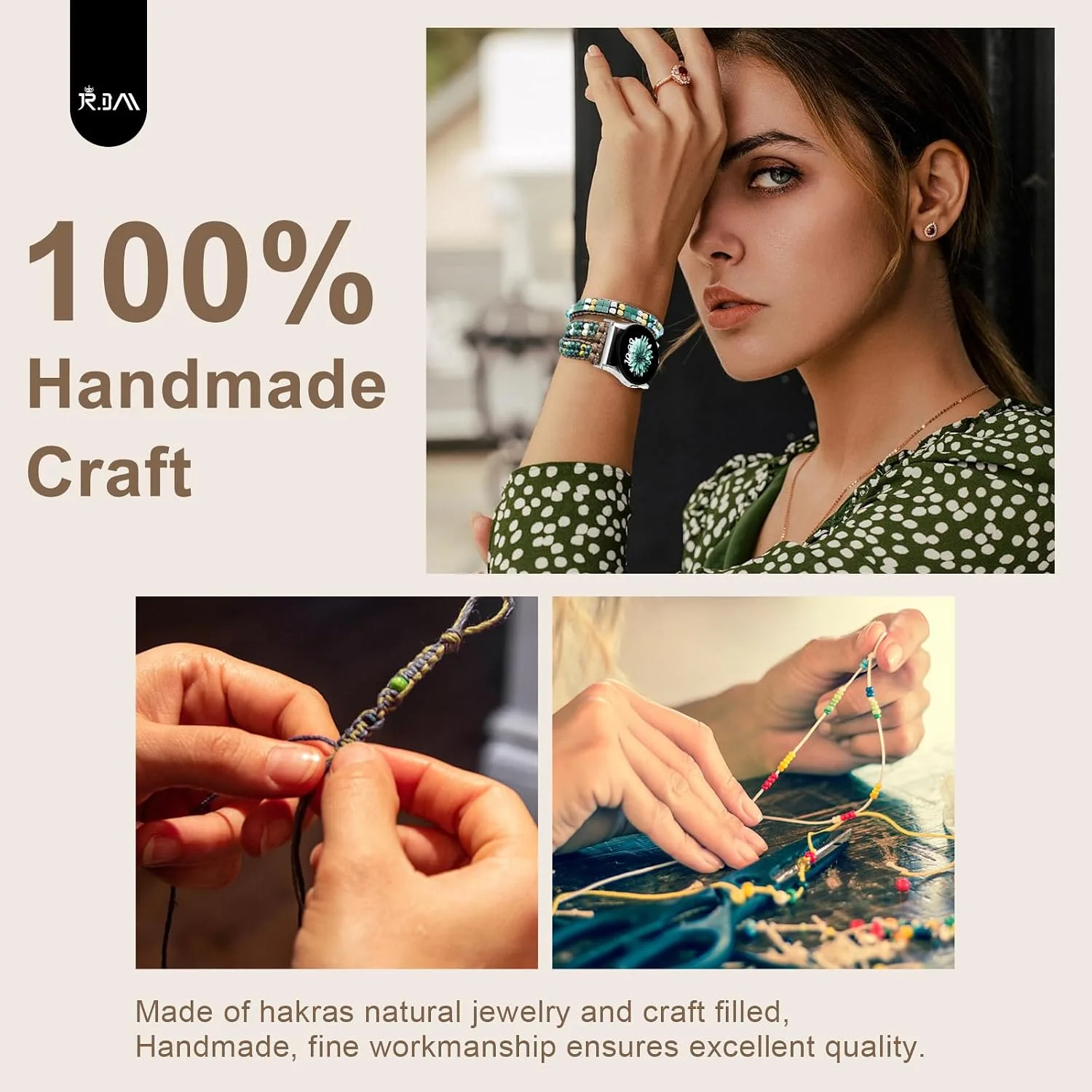 JR.DM Boho Beaded Handmade Braided Bracelet Band Women 20mm Compatible with Samsung Galaxy Watch 7/6/5/4/Active 2/4 Classic/6 Classic/5 Pro/FE 40mm 42mm 43mm 44mm 45mm 46mm 47mm