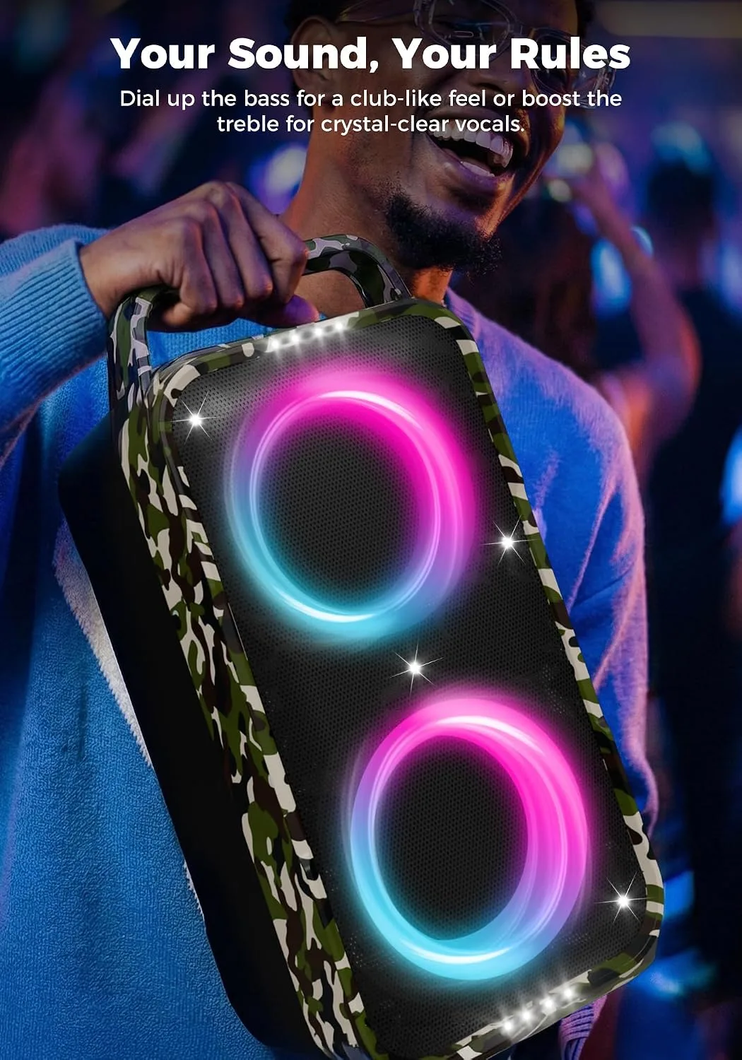 Foxdawn Portable Bluetooth Speaker: 240W Peak Powerful Loud Sound Deep Bass Wireless Boombox Large Subwoofer 15 Hours Battery Life Fast Charging with Led Light Show for Party Outdoor Camping Backyard
