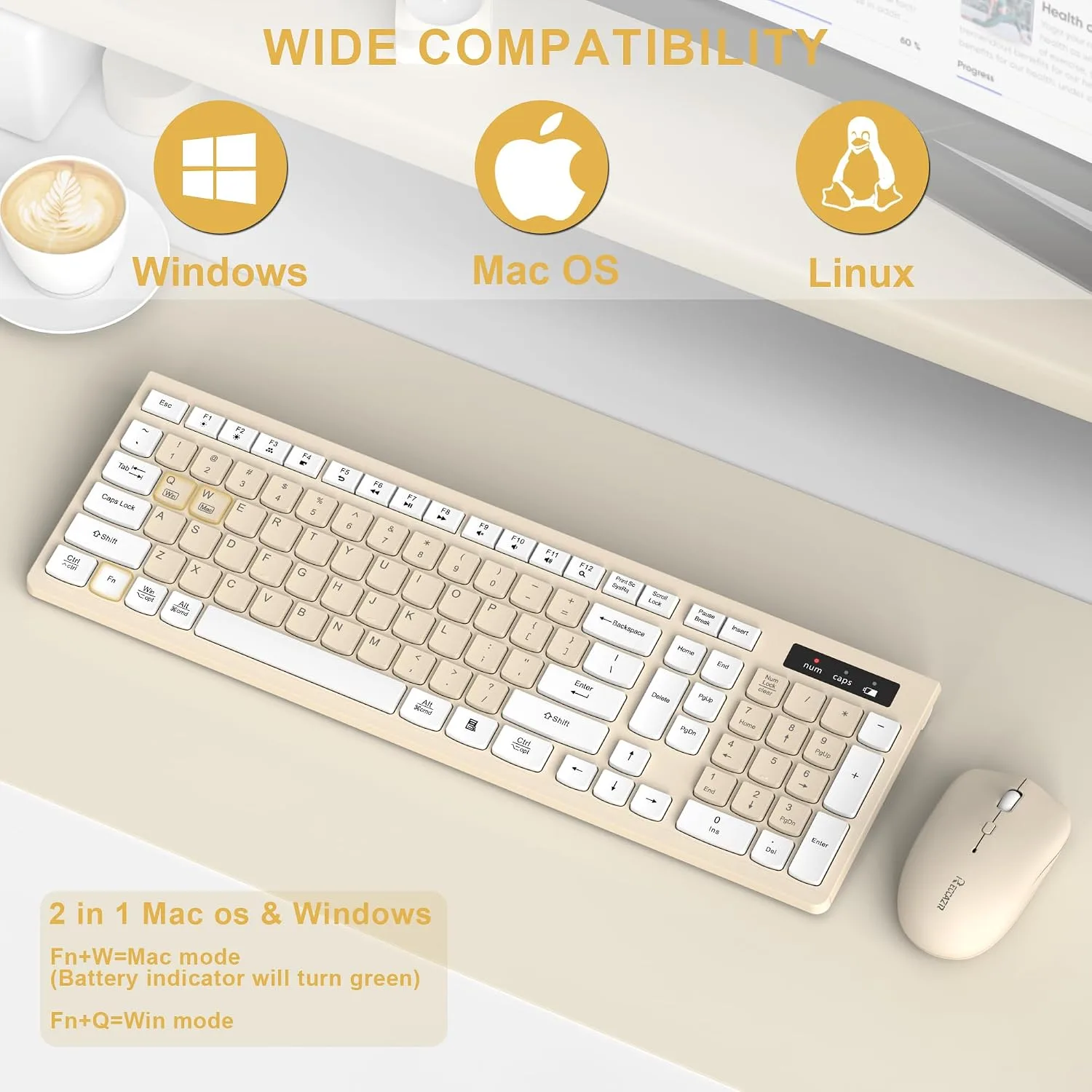 Wireless Keyboard and Mouse Combo Silent for Office and Home(Latte Color)