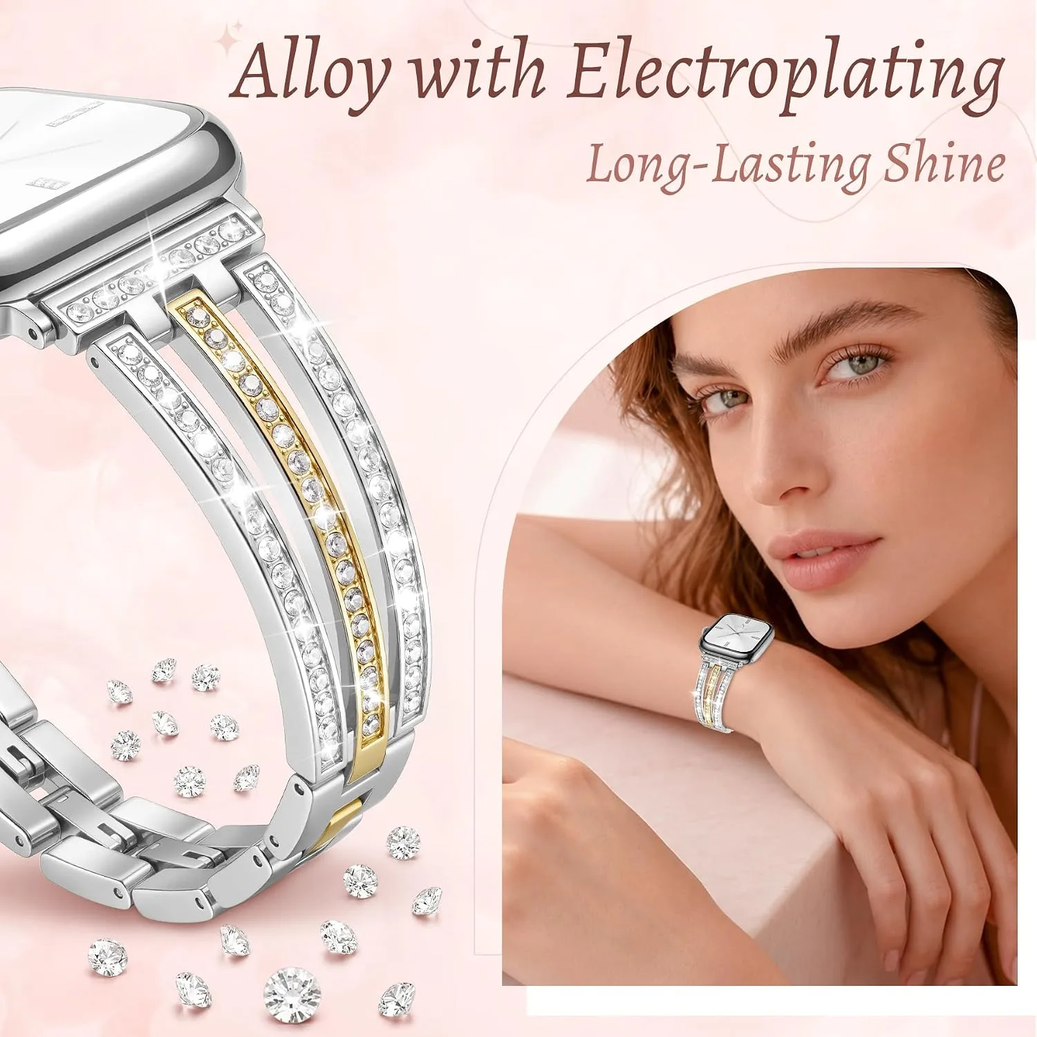 Newlibery Women Silver Gold Bling Metal Bracelet Band for Apple Watch
