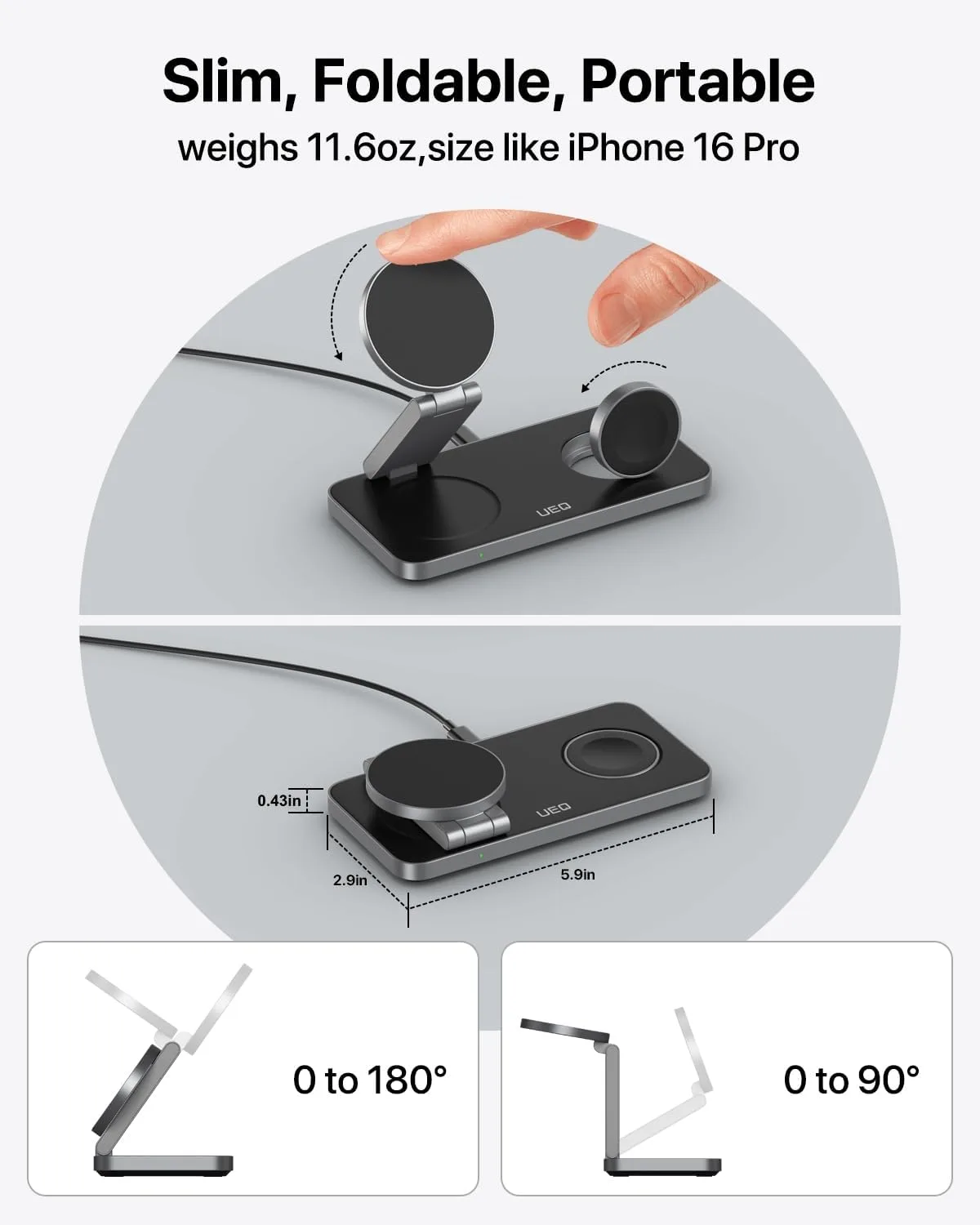 UEQ Foldable 3 in 1 Wireless Charging Station for Apple Magsafe Charger Stand,Fast Magnetic Wireless Charger Station for iPhone 18 Pro Max 17 Air 16 15 14 13 12 Series,Apple Watch,AirPods(Pure Black)