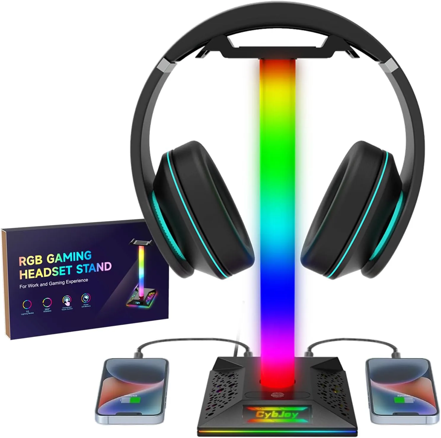 Gaming Headphone Stand PC Accessories - RGB Headset Stand with 2 USB and 1 Type-C Ports, LED Headphone Stand Gift for Boys Men, Computer Game Accessories for Desk