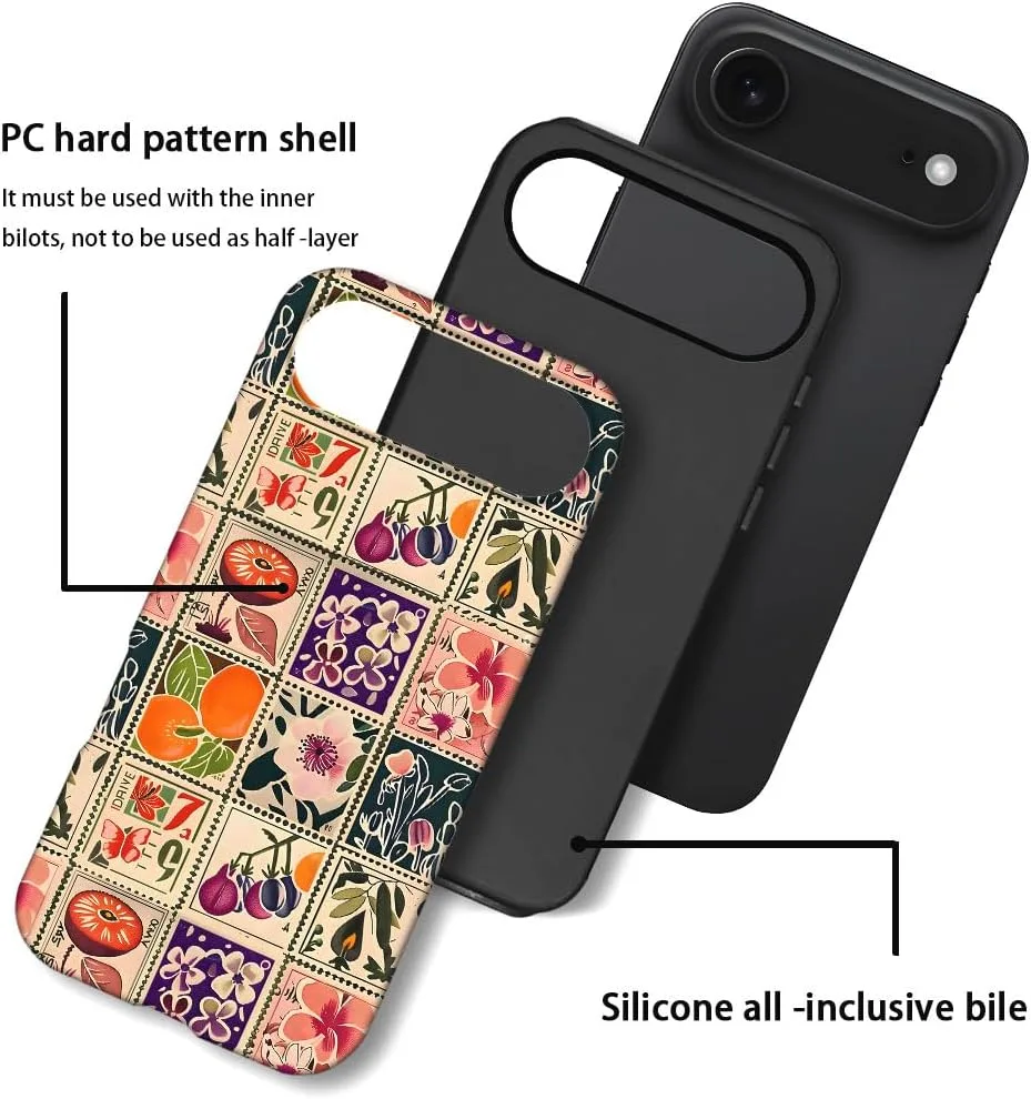 Case Compatible with iPhone 17 Air,Fall Prevention Hybrid 2-Layer Hard Shell Phone Cover for Girls Boys,Vintage Flower Orange Stamp Collage