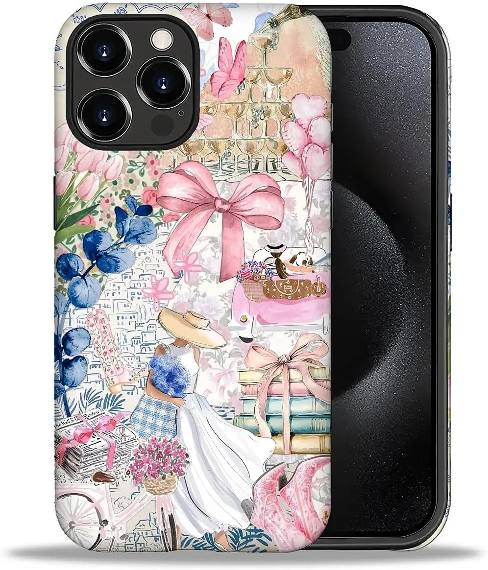 DAIZAG Case for iPhone 16 Pro Max,Mixed 2 Layer Design Shockproof Soft TPU Ddouble Protection Phone Case for iPhone 16 Pro Max-Magazine Books Flower Bow Collage