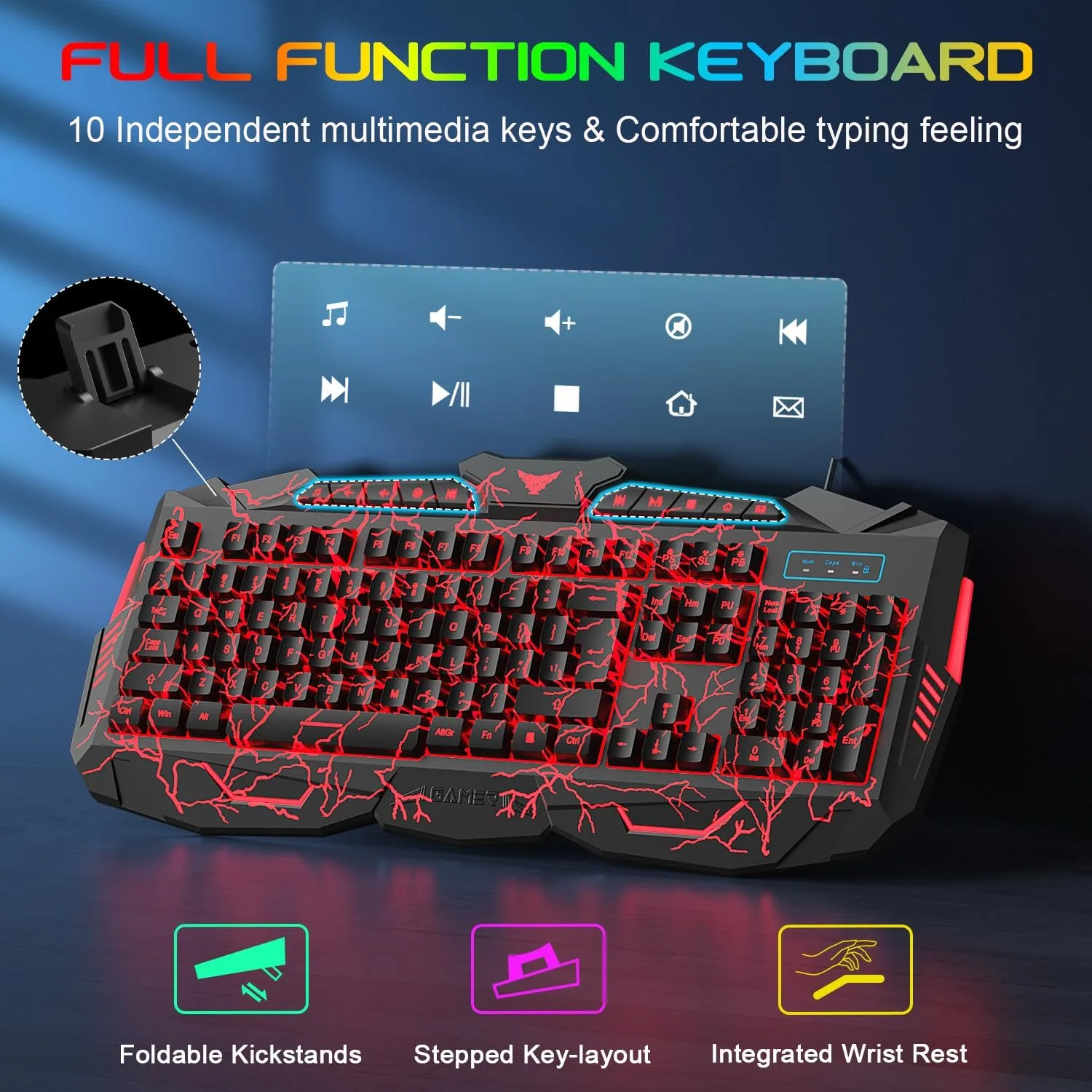 BlueFinger Gaming Keyboard Mouse Headset Combo, USB Wired Crack Backlit,114 Keys Letters Glow LED Keyboard, Red LED Light Headset for Laptop PC Computer Work and Game