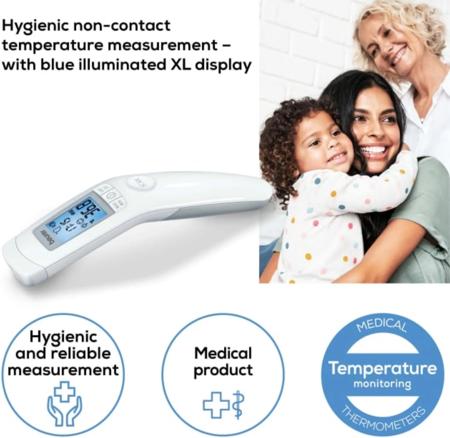 Beurer FT90 3-in-1 Forehead Non-Contact, Body, Surface, Room Temperature, High Accuracy, Large Blue Backlit LCD Display Thermometer, 60 Memory Spaces