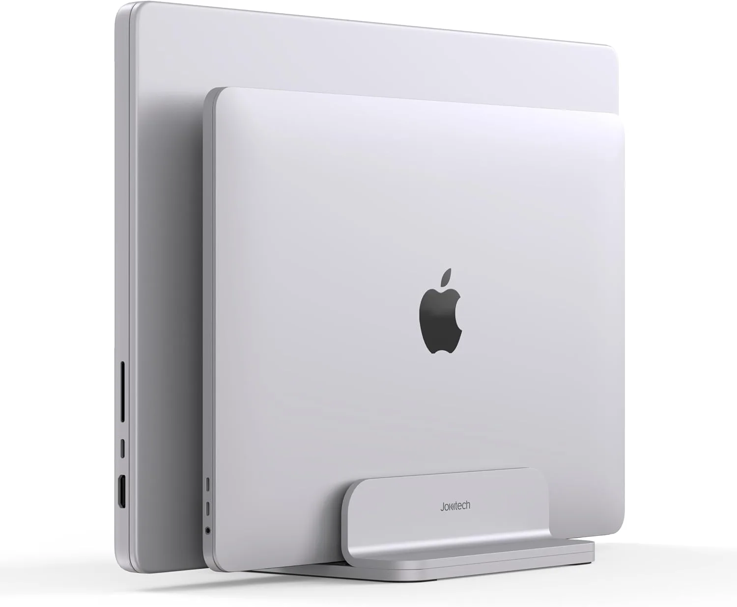 JOKItech Double Aluminum Laptop Vertical Stand Organizer, Sturdy Notebook Computer Holder Stand Compatible with New Liquid Retina XDR Apple MacBook Air/Pro/Neo, Mac mini, Apple TV & iPad Pro - Silver