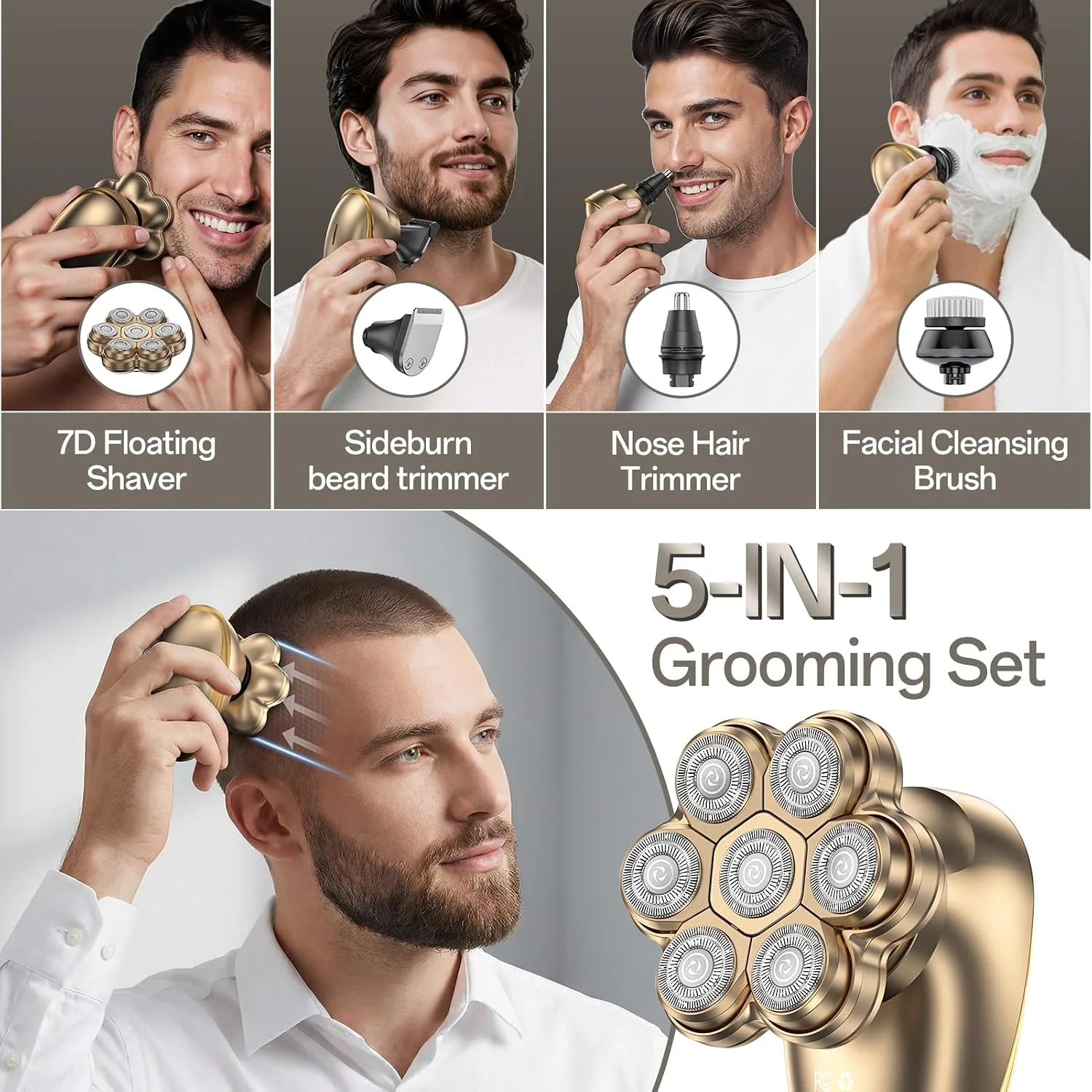 5-in-1 Head Shaver for Bald Men – 7D Floating Rotary Shaver,Electric Razor for Men with Magnetic Detachable Heads,IPX7 Wet Dry Waterproof Grooming Kit, Type-C Fast Charge for Travel (Gold)