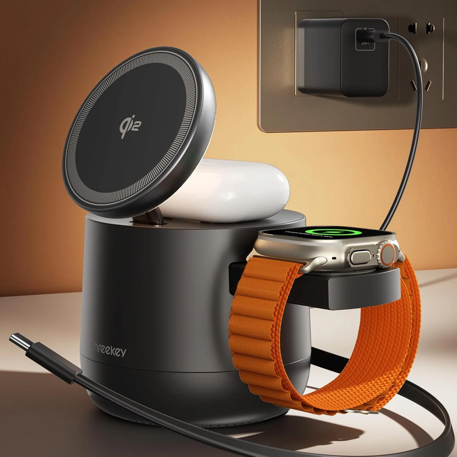Estación de carga inalámbrica 4 en 1 Threekey Qi2 magnética 15W con módulo para Apple Watch y adaptador 65W