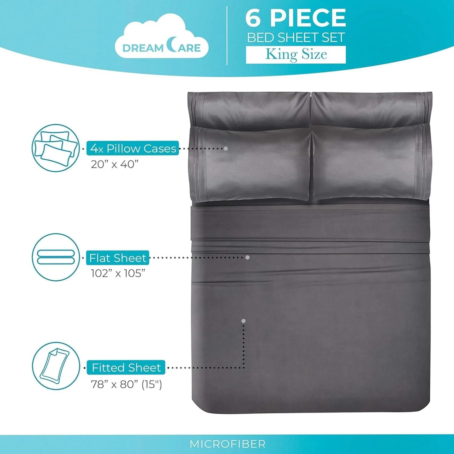 DREAMCARE King Size Sheets Set - 6 pcs Breathable Cooling Sheets King Size