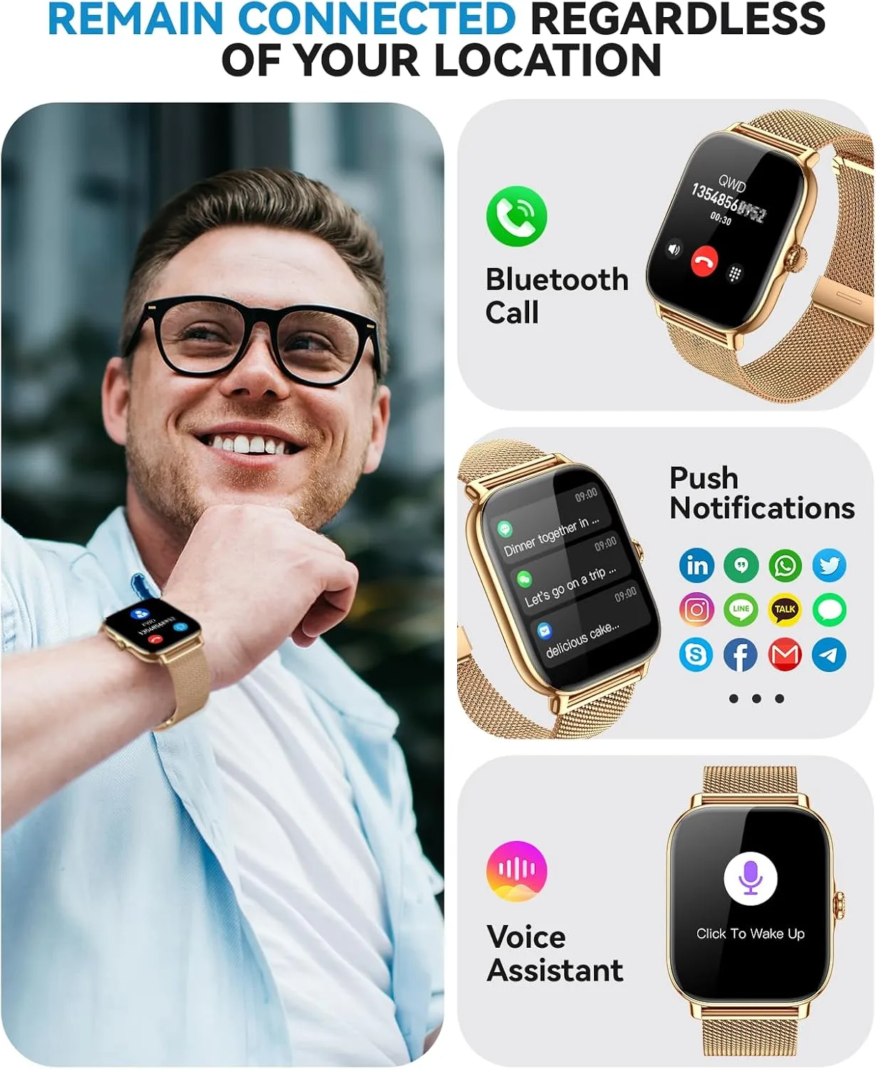 Smart Watch for Women Men- Answer/Make Call, IP68 Waterproof Fitness Tracker with Sleep Monitor,Smartwatch for Andriod iPhone Compatible (Warm Gold Case w/Champagne & Vintage Gold Band, 1.91)