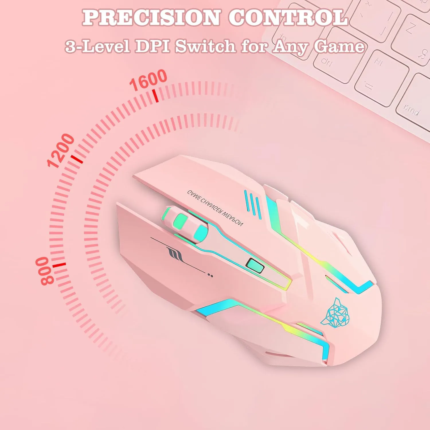 Wireless Gaming Mouse,Rechargeable Computer Mouse with Type-C Fast Charging, Ergonomic Mouse with 3 Adjustable DPI, 6 Silent Buttons, LED Light, Long Battery Life for Laptop, PC, Mac (Pink)