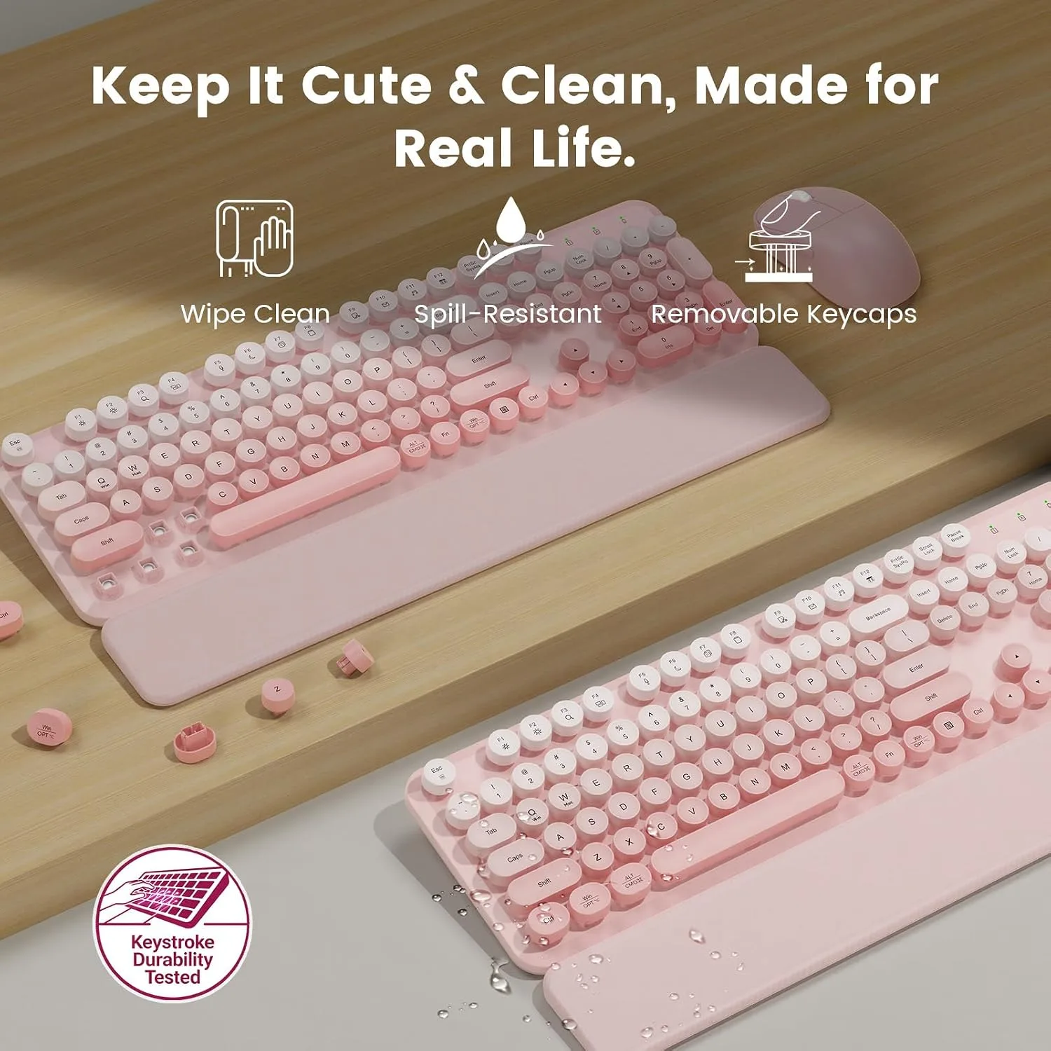 Wireless Keyboard and Mouse Combo, Magnetic Soft-Touch Wrist Rest, Pink