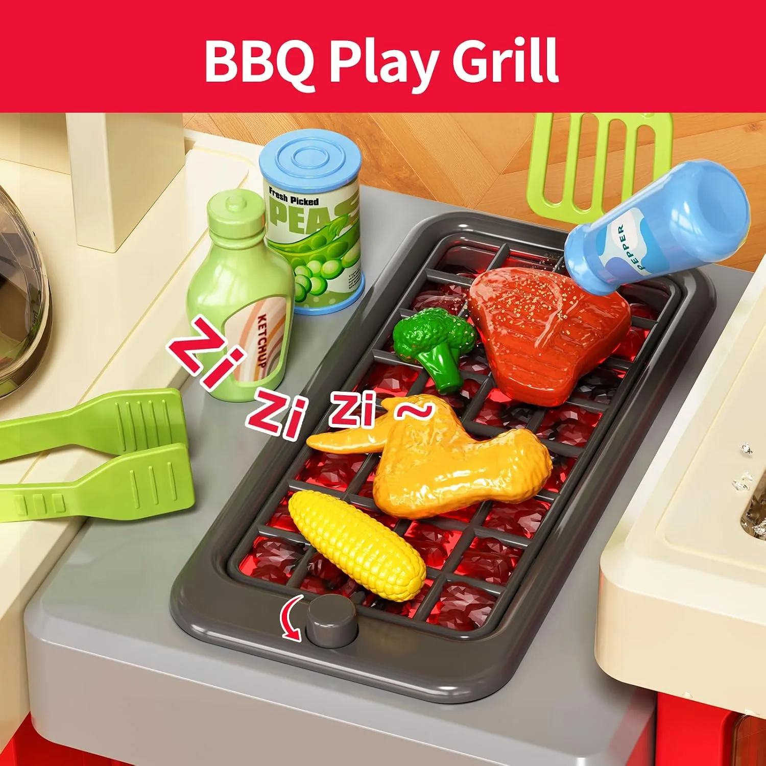 Pupu Pig Play Kitchen, Kids Kitchen Playset with Steam, Lights and Sounds