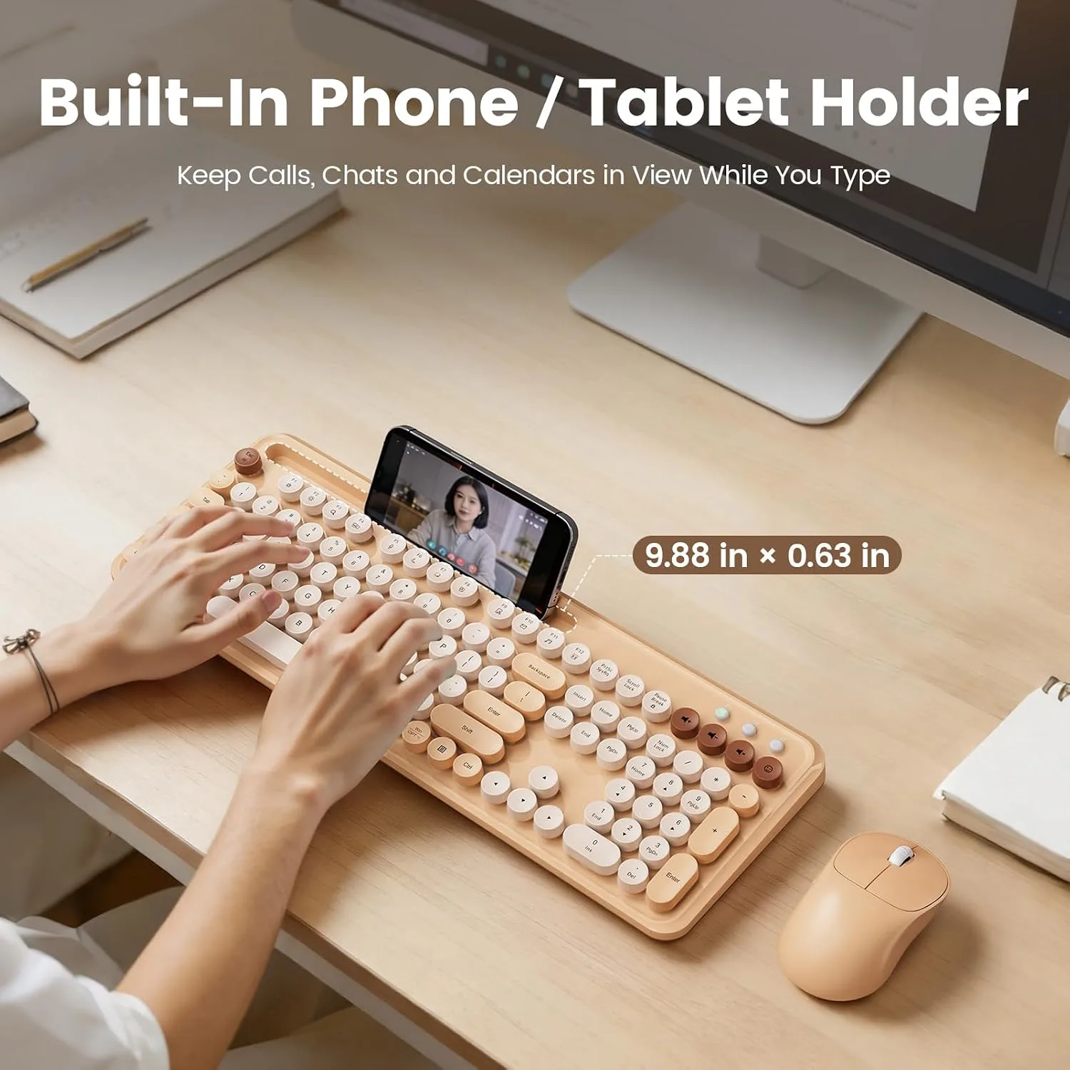 Wireless Keyboard and Mouse Combo, Round Keycap, Tablet Holder, Beige Color