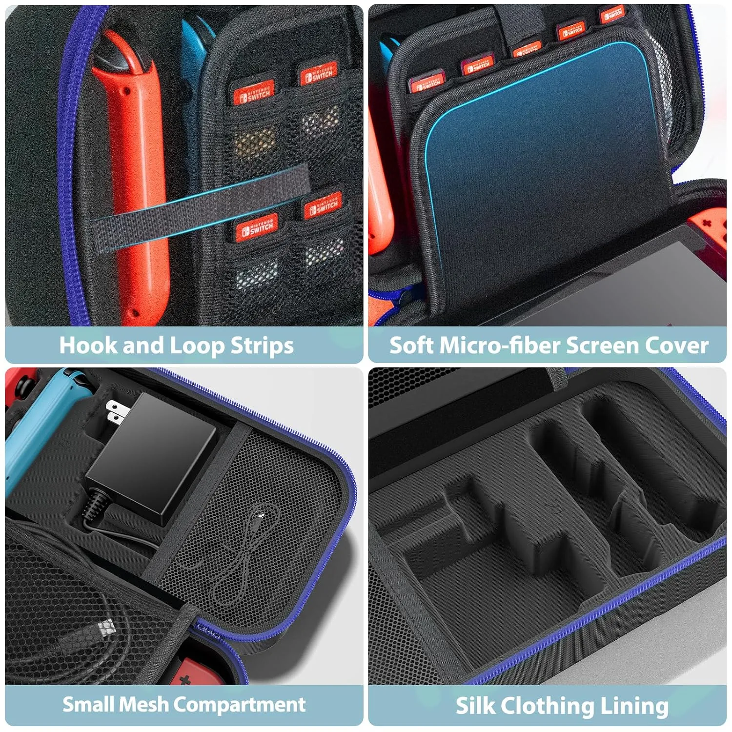 Switch Carrying Case Compatible with Nintendo & OLED, Portable Switch Travel Carry Case Fit for Joy-Con and Adapter, Hard Shell Protective OLED Pouch Bag with 20 Games, Blue