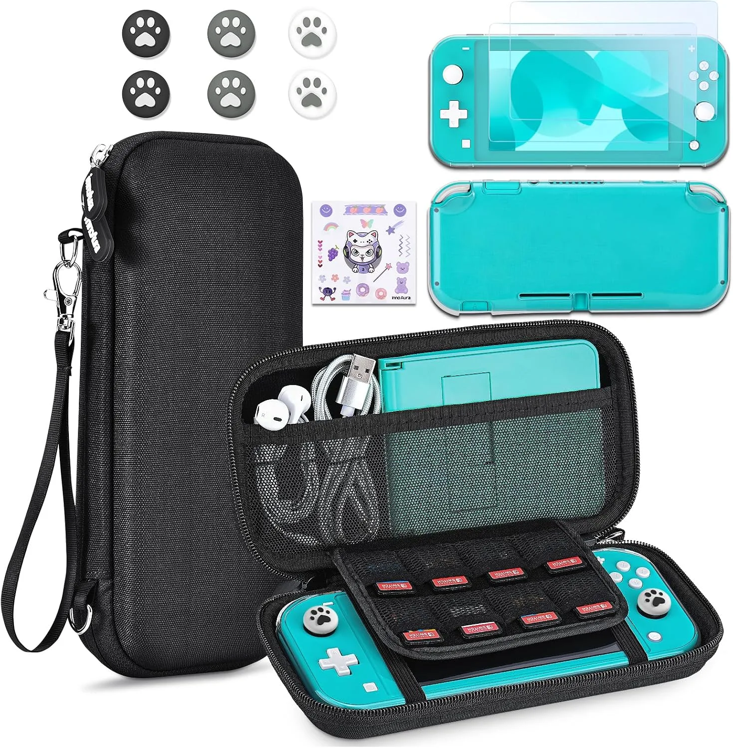 innoAura Switch Lite Case 12-in-1 Accessories Bundle for NS Switch Lite (2019), with Protective Carrying Case, Hand Strap, Screen Protector & Cute Thumb Grips, Black