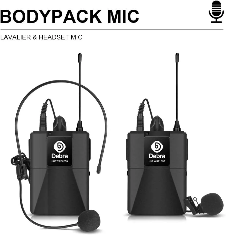 D Debra Audio AU400 Pro UHF 4 Channel Wireless Microphone System with Cordless Handheld Lavalier Headset Mics, Metal Receiver, Ideal for Karaoke Church Party (with 4 Bodypack (B))