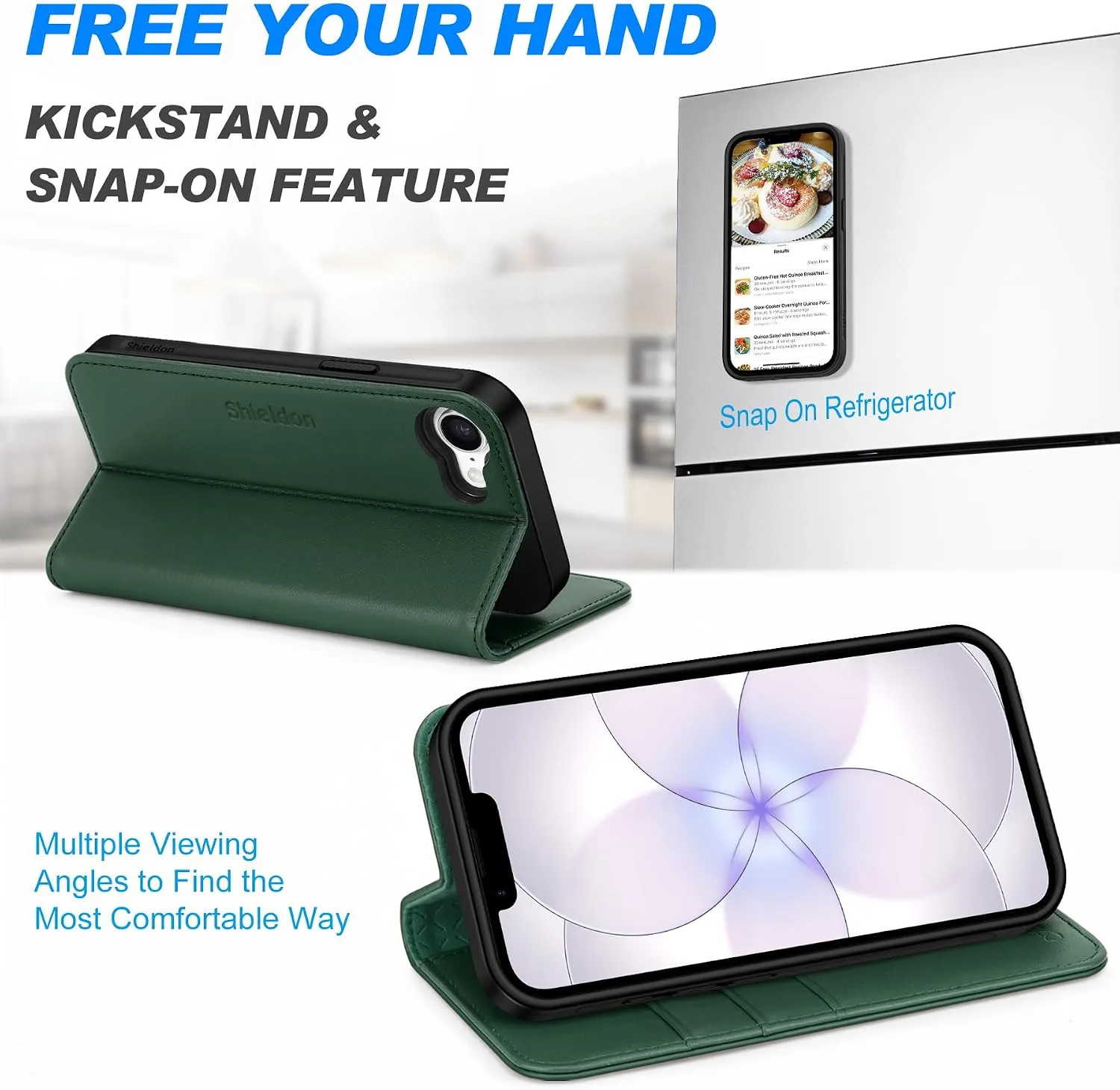 SHIELDON 2 in 1 Genuine Leather Case Wallet for iPhone 17e 6.1", Evergreen